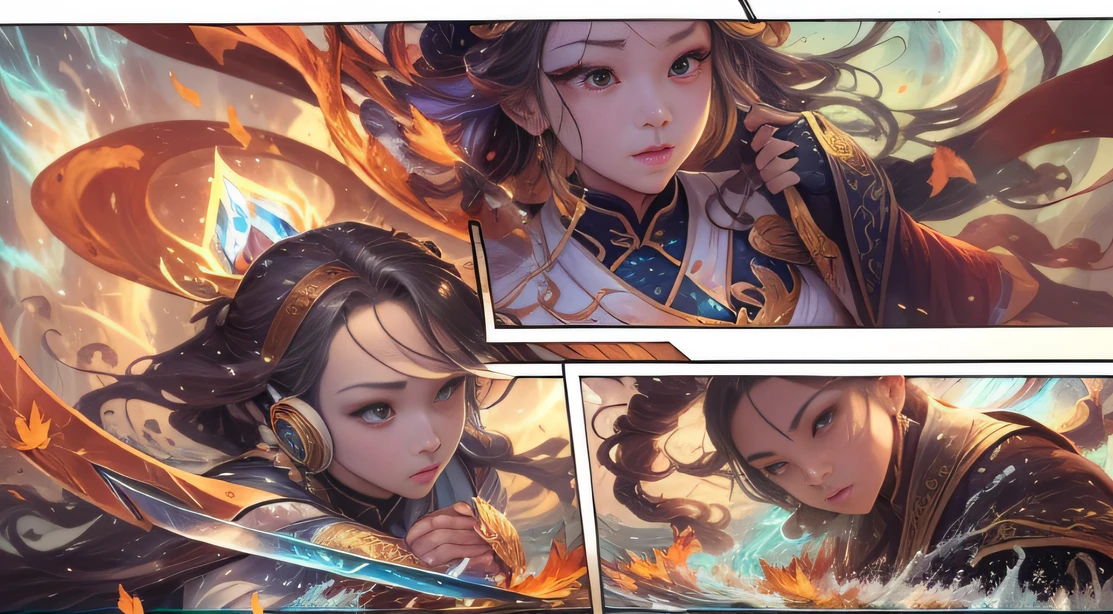 ((Comic storyboard:1.8, comic strip_layout))Double pony-tailed female Taoist, Holding a long sword, Fight people, anatomy correct,Black and gold robes,fantasy, Ethereal, (isolation:1.1), (glaze:1.1), (reflective light:1.2), glass, polygon, Ultra detailed, Intricate, oil on the canvas, Dry brush, (surrealism:1.1), (Disturbing:1.1), Enhanced detail., 32K ,hyper HD,Comics-like panel layout, Voice balloons, English text, Hand drawn audio stickers used in comics.Goddess of water control,flowing dark hair,Water Goddess 32K,复杂,ellegance,highly detailed,A majestic,Digital photography,Autumn cowboy shot,surrealism painting,Broken rubies,Beating magic,Entwined water magic,(tmasterpiece,Cinematic light,Fine beautiful eyes:1.2),hdr,Void 5 Energy Storm(China 1 girl,)Water Goddess 32K,Side shot,Complex arena,Aurorabackground,A majestic,Digital photography,full bodyesbian,surrealism painting,Broken rubies,Beating magic,Entwined water magic,(Cinematic light),hdr,Void 5 Energy Storm