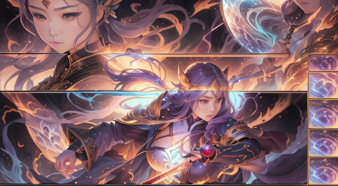 best quality,4k,8k,highres,masterpiece:1.2),ultra-detailed, extremely detailed eyes, extremely detailed body, (large masterpiece digital art), (detailed manga illustration), (detailed line art), ((perfect anatomy)), (intricate details:1.3), (ultra-detailed:1.3), (illustration:1.3), (sharp focus:1.3), (natural lighting:1.05), (vivid colors:1.3), (masterpiece), best quality, expressive eyes, perfect face, 1 girl, breasts, gloves, large breasts, {blue hair}, medium hair, wavy hair, (gray eyes), hourglass physique, huge ass, dynamic pose, dynamic lighting, fur trim, hair bun, glowing, crystal, delicate\(armor\), armor, full armor, cuisses, shoulder armor, belt, hand guard, boots, glove, particles stream, creationmagic, ethereal creation, Magic Circle, glowing, crystal, jim lee, beautiful esd_woman, hair bun, fur trim, jewelry, crystal, wild energy, cinematic lighting, heroic atmosphere, Beautiful woman, Atey Ghailan, Jeremy Mann, Greg Manchess, Antonio Moro, trend in ArtStation, trend in CGSociety, Intricate, High Detail, Sharp focus, dramatic and photorealistic painting art by Midjourney and Greg Rutkowski, Marvel Cinematic Universe style, (((mystical gothic castle in the background))),