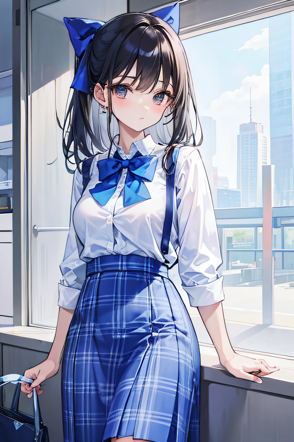 Woman wearing blue gingham long pencil skirt, wearing blue bow with Id sling