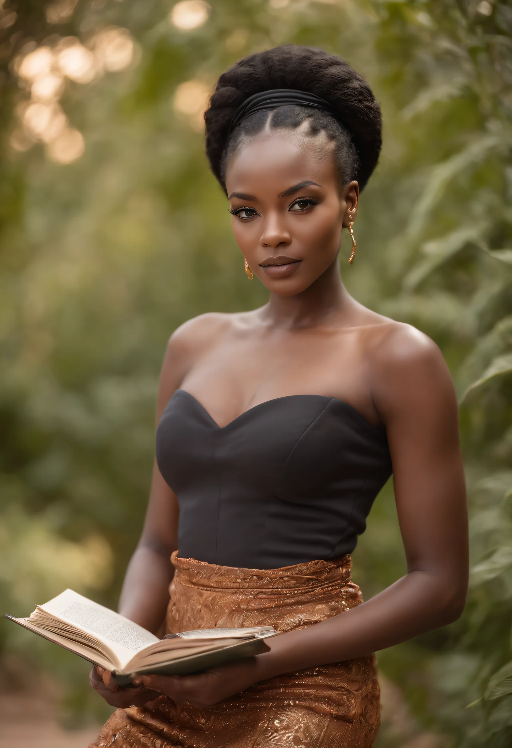 A petite African woman with rich, dark skin, adorned in a fashion-forward outfit, poses seductively with a book in front of her. The image is rendered with meticulous attention to detail, bringing to life every aspect of her alluring presence.Unfolding chapters, untamed landscapes. Something extraordinary awaits around the corner.