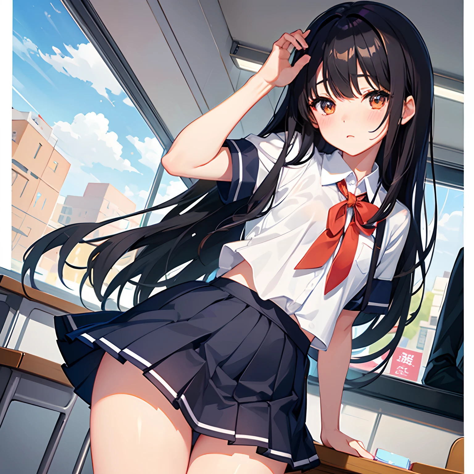 Super delicate cute girl in school uniform with black hair、a high school studenrs、8K Ula High Definition, Delicate texture, Medium Hair、Classroom、with blush cheeks、Brightly colored clothing、Orange eyes、Holding a condom in your hand