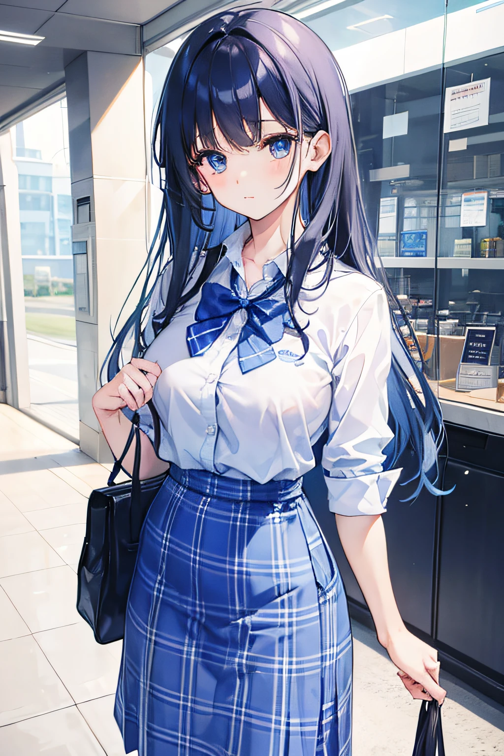 Woman wearing blue gingham long pencil skirt, wearing blue bow, wearing lanyard