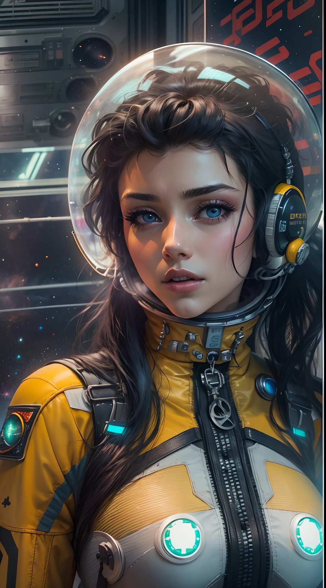 motor irreal:1.4,UHD,La mejor calidad:1.4, fotorrealista:1.4, textura de la piel:1.4, obra maestra:1.8,Cara perfecta Chica con vestido cyberpunk amarillo , medio futurista, Mezcla de gran mancha de mariquita, Cabello rubio largo y atado,Estilo cyberpunk:1.4 ,(Space Station:1.4),(Beautiful and detailed eye description)