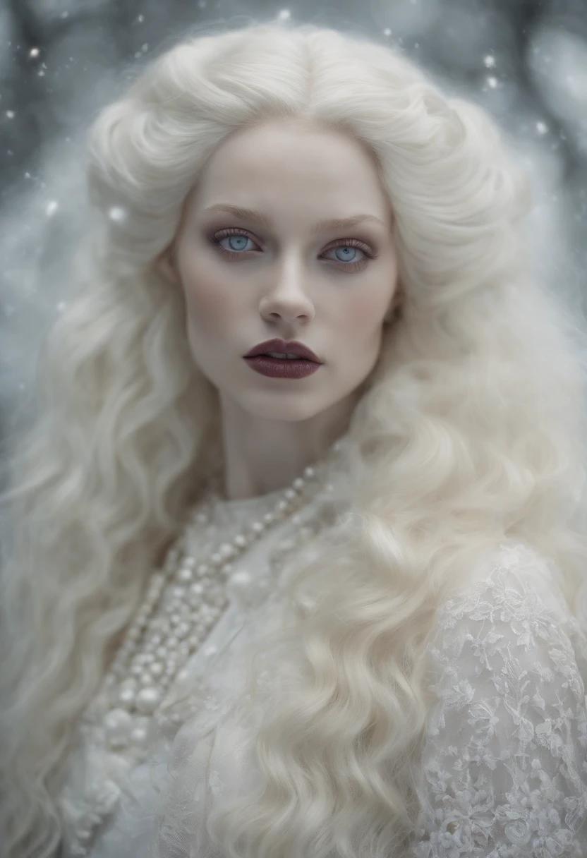 there are two women dressed in white with long hair, white skin and reflective eyes, natalie shau, portrait of albino mystic, with long white hair, albino white pale skin, with white long hair, inspired by Ignacy Witkiewicz, natalie shau tom bagshaw, inspired by Ray Caesar, white witch, monia merlo, pale goth beauty, pale white face