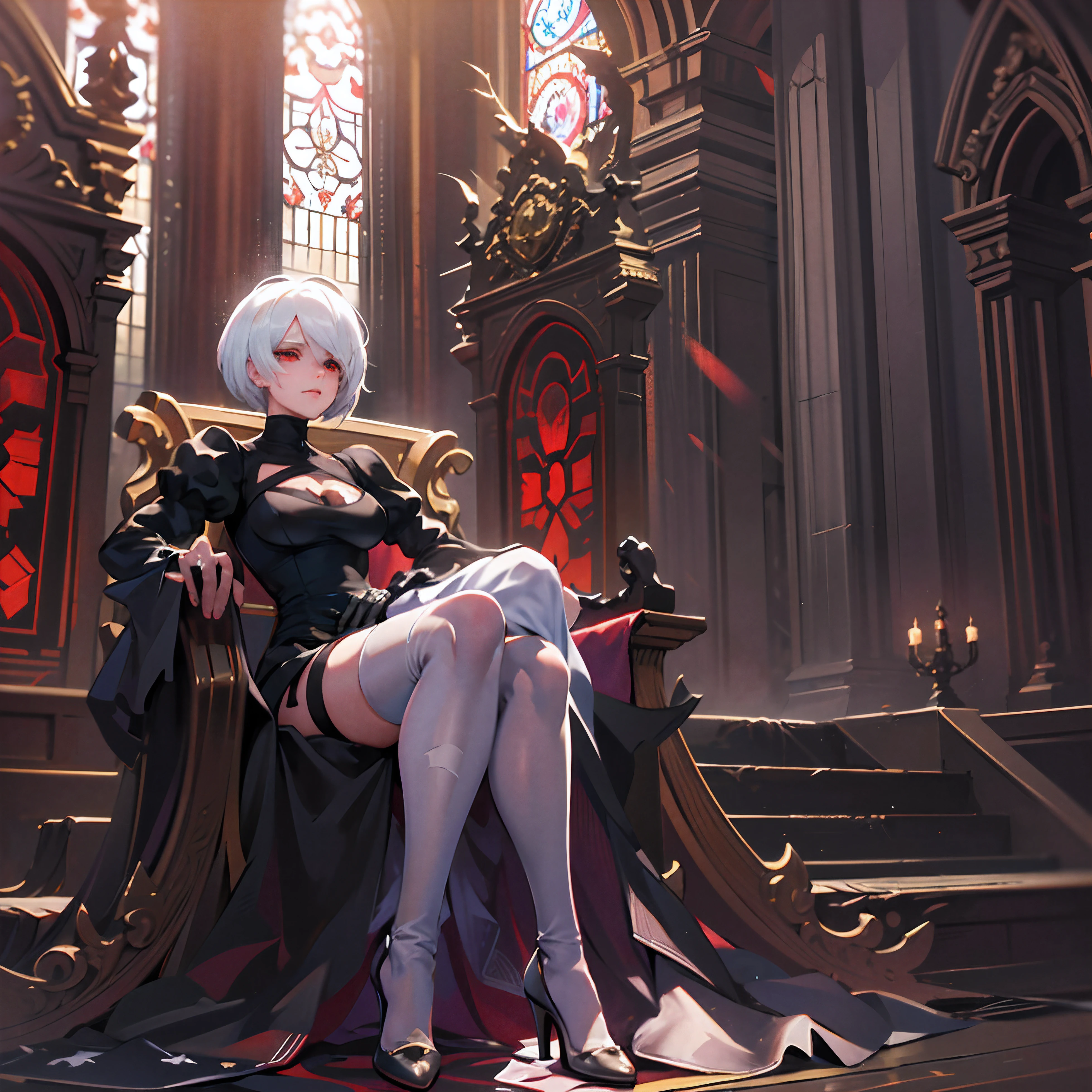 Yorha 2b, white hair, resting majestically on a golden throne, His gaze, firm and determined, travels through the grandeur of the throne room, where the light filtered through the tall windows highlights the elegance of the intricate details on the walls. (High quality), ((Red eyes)), yorha no. 2 type b