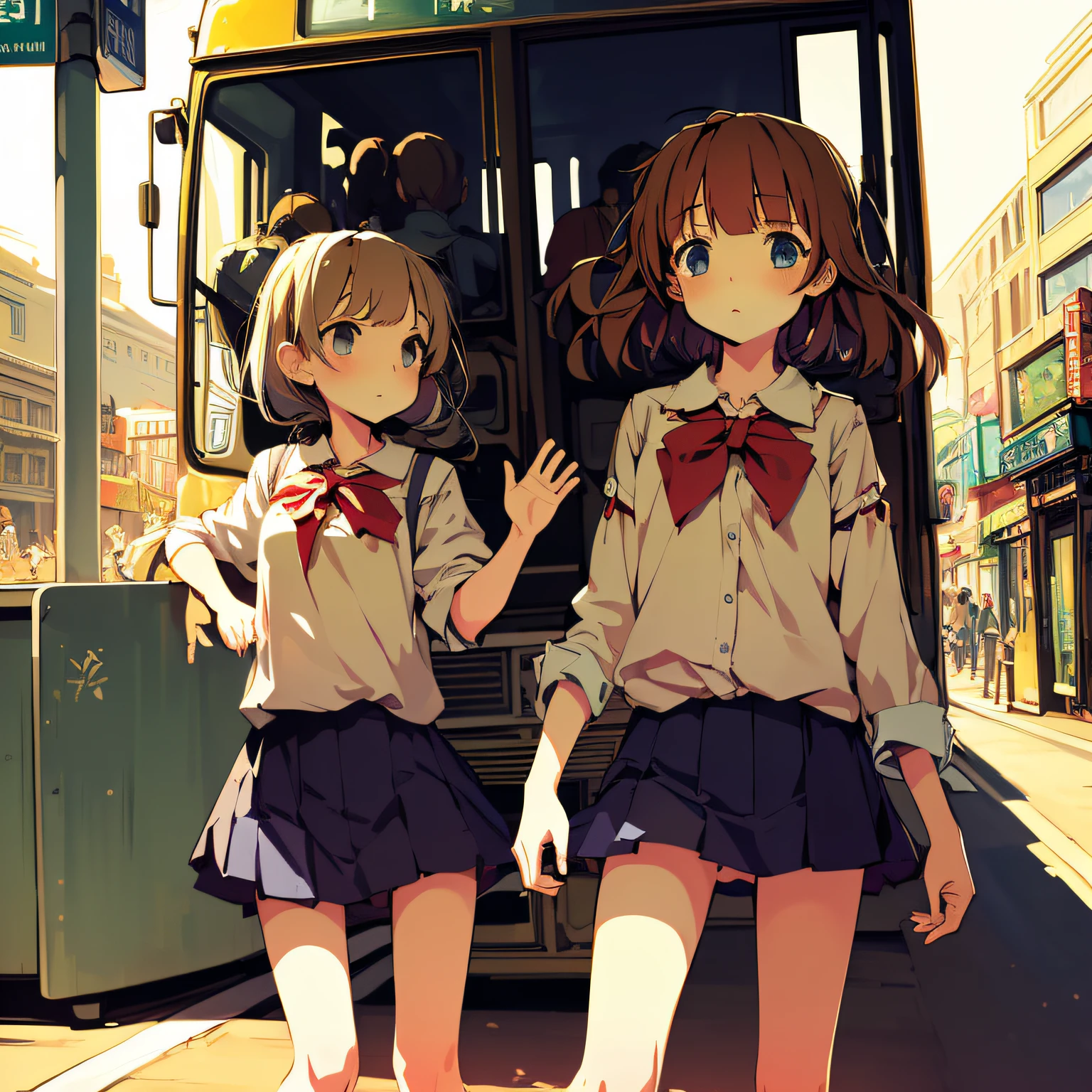 2 girls student clothes Town buses a person々 natta Dramatic lights Matte texture pixiv style cel anime