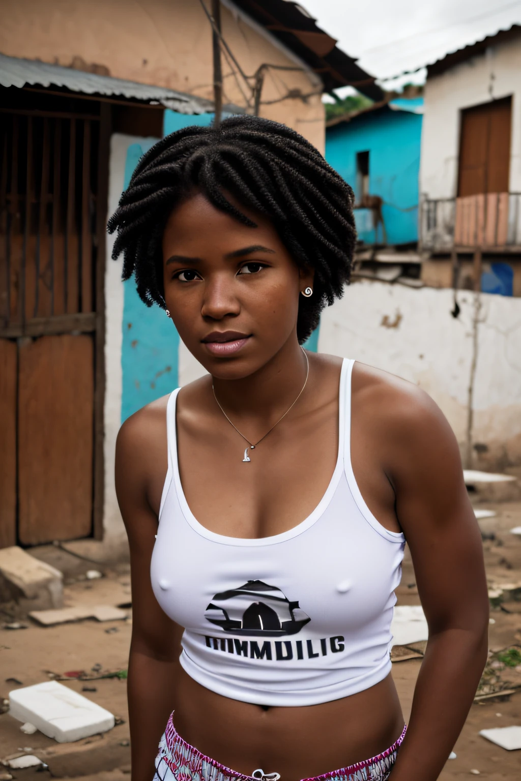 A black womanfrom the favela wearing humble clothing, approximately 27 years old. chovendo leite. white drops of milk falling from the sky