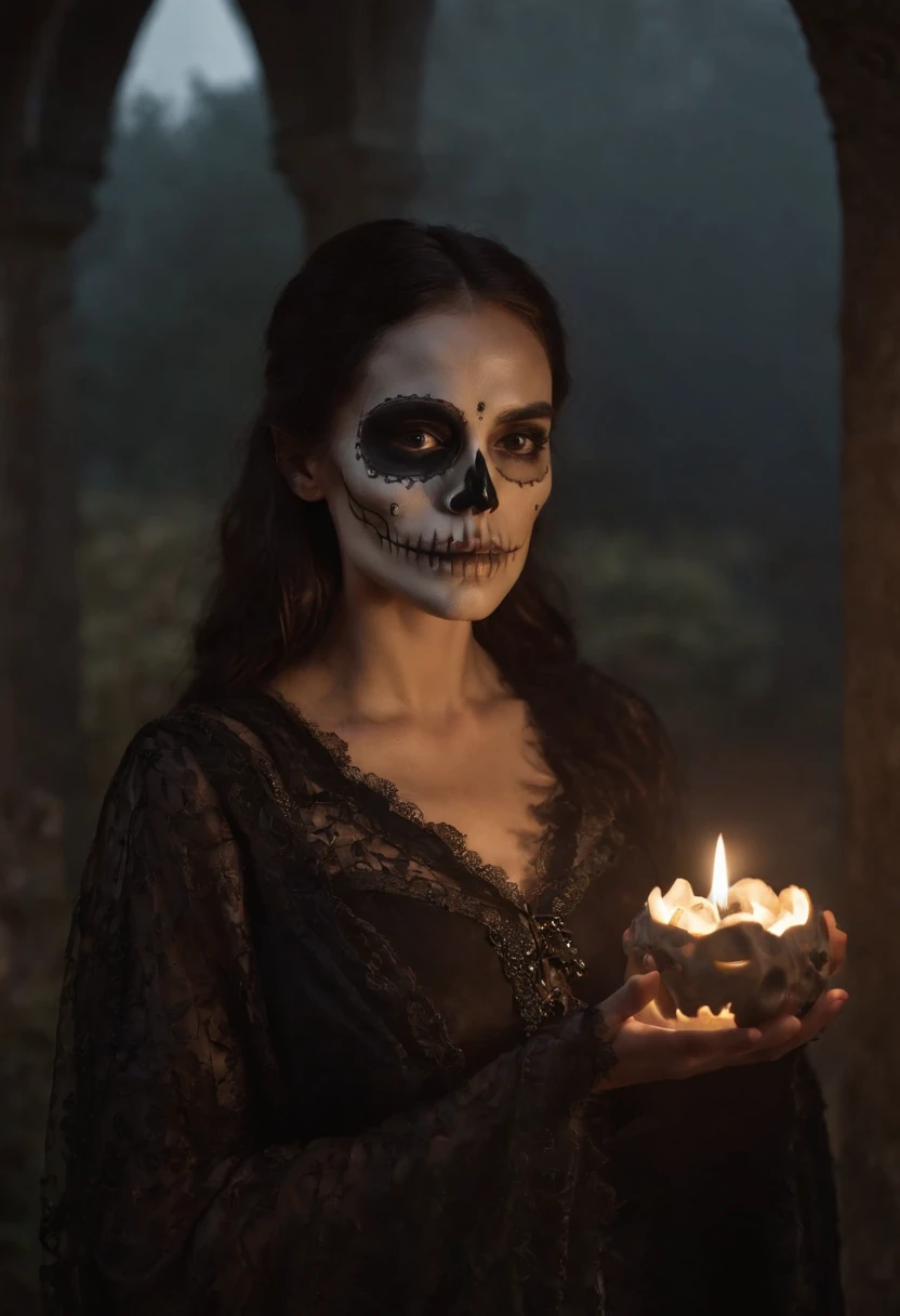 Mulher com mascara de caveira, seria, mulheres usando uma roupa medieval justa no corpo com uma longa capa preta ((mulher com raiva, Olhos de fogo)), mulher linda de cabelos ondulados castanhos, com rosas de enfeite em seus cabelos, ((Woman holding a skull in her hands)),She stands in front of a large catacomb in a shadowy cemetery, Noite escura e sombria, imagem sombria, caveira mexicana, Woman at night in a macabre cemetery, Realismo, super detalhado