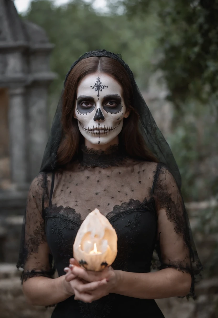 Mulher com mascara de caveira, seria, mulheres usando uma roupa medieval justa no corpo com uma longa capa preta ((mulher com raiva, Olhos de fogo)), mulher linda de cabelos ondulados castanhos, com rosas de enfeite em seus cabelos, ((Woman holding a skull in her hands)),She stands in front of a large catacomb in a shadowy cemetery, Noite escura e sombria, imagem sombria, caveira mexicana, Woman at night in a macabre cemetery, Realismo, super detalhado