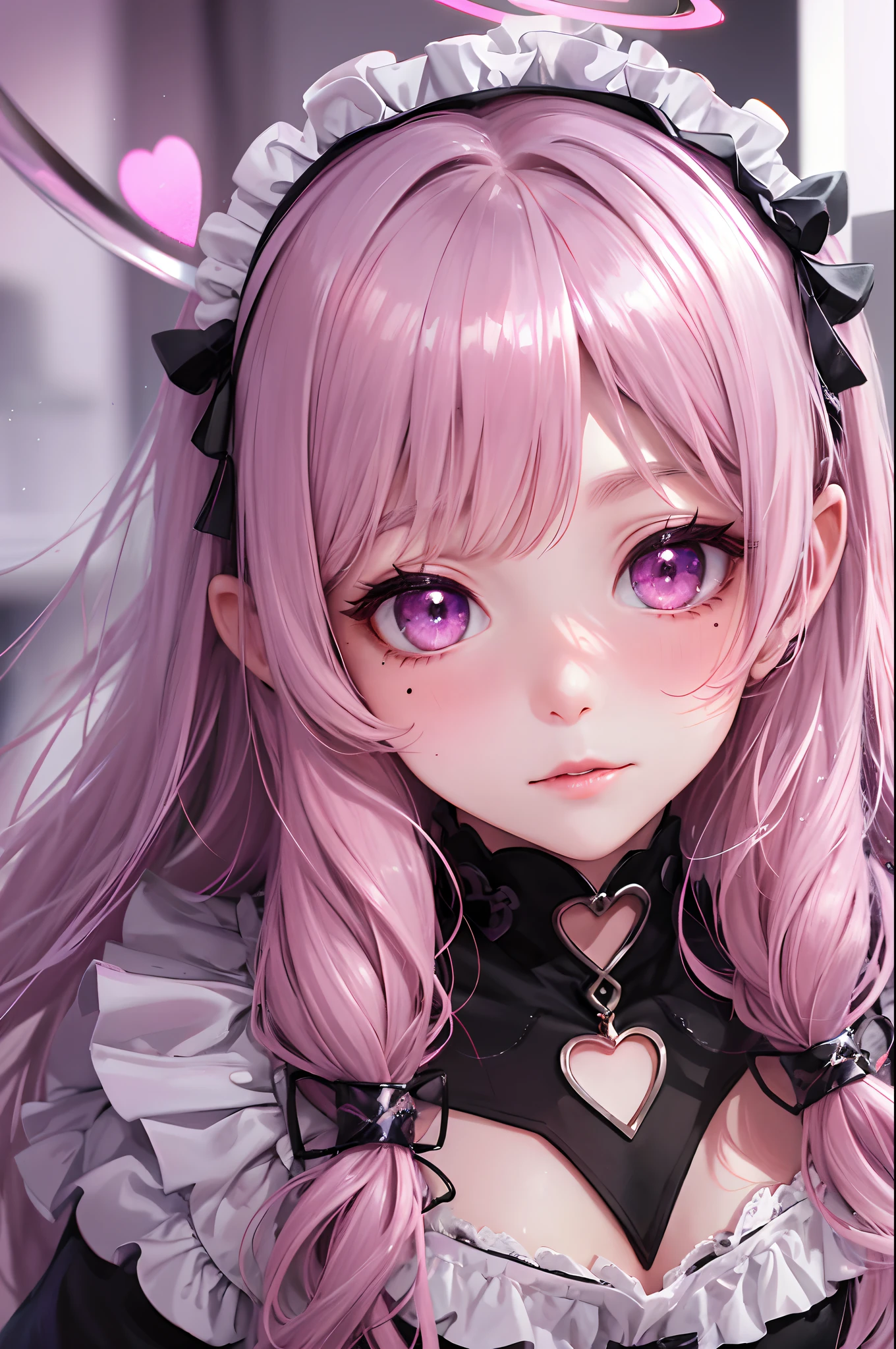 striated hair,Pink twin-tailed hair, Halo, Maid headdress, Mole under the eyes, mole under mouth, Heart-shaped pupil, longeyelashes, Pink eyes, Heart-shaped choker、Shy, blush, tusk, ear blush, nose blush,Anime style, Color Field Painting, Ray tracing, bloom, One-person viewpoint, nffsw, awardwinning, 16 K, Best Quality, high details, High quality, masutepiece, hight resolution, ccurate, Super Detail