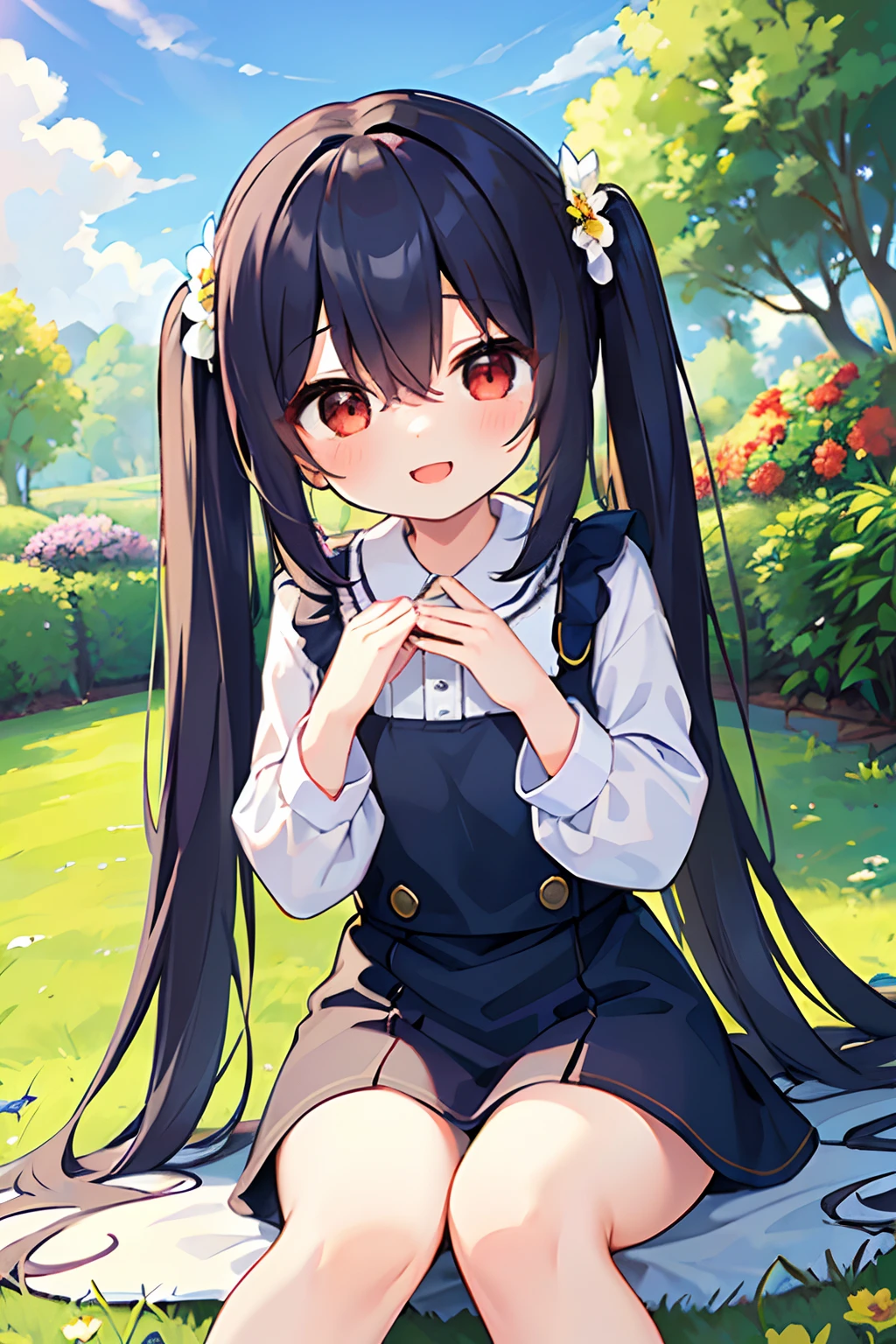 1girl, young girl, masterpiece, high quality, dark blue hair, long hair, straight hair, (twintail), red eyes, in the park, in the flower garden, wearing overall dress, long sleeves, ((holding many flowers with her hands)), happy, clear sky, smiling, (sitting on the ground), ((detail face))