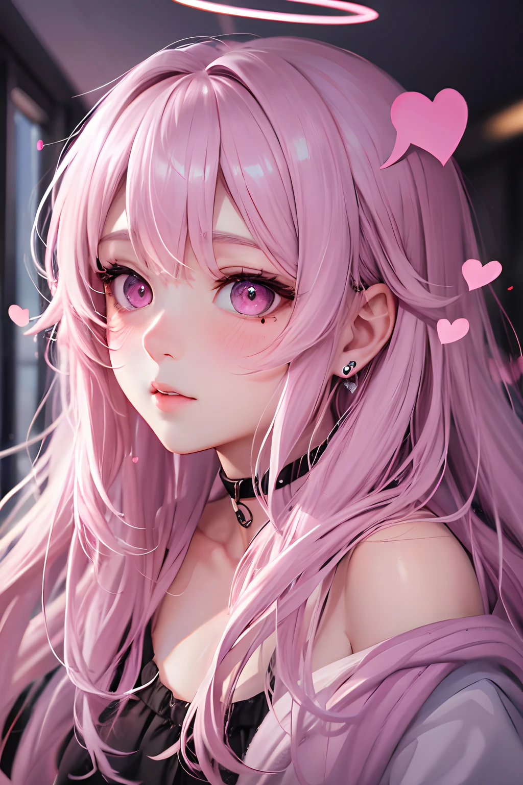 striated hair,Pink twin-tailed hair, Halo, Mole under the eyes, mole under mouth, Heart-shaped pupil, longeyelashes, Pink eyes, Heart-shaped choker、Shy, blush, tusk, ear blush, nose blush,Anime style, Color Field Painting, Ray tracing, bloom, One-person viewpoint, nffsw, awardwinning, 16 K, Best Quality, high details, High quality, masutepiece, hight resolution, ccurate, Super Detail