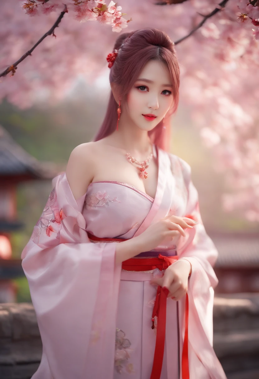 1girll, (Ulzzang-6500:0.7), Kpop idol, Yae Miko, Detached sleeves, Bare shoulders, Pink hair, Long hair, Japanese clothes, Best quality, (Painting:1.5), (hair adornments:1.35), jewelry, Purple eyes, Earrings, Breasts, Torii, Cherry blossoms, Lantern light, Depth of field, Detailed face, Face focus, ribbon_Trim, (view the viewer:1.25), nontraditional miko, Shiny skin, Long sleeves, Smile, Thick lips, Game CG, hands on lips, east asian architecture, (The background is blurred out:1.2), Sitting, Upper body,