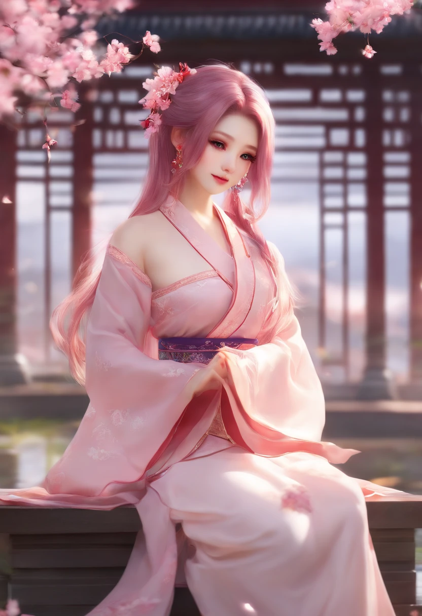 1girll, (Ulzzang-6500:0.7), Kpop idol, Yae Miko, Detached sleeves, Bare shoulders, Pink hair, Long hair, Japanese clothes, Best quality, (Painting:1.5), (hair adornments:1.35), jewelry, Purple eyes, Earrings, Breasts, Torii,  Cherry blossoms,  Lantern light, Depth of field, Detailed face, Face focus, ribbon_Trim, (view the viewer:1.25), nontraditional miko, Shiny skin, Long sleeves, Smile, Thick lips, Game CG, hands on lips, east asian architecture, (The background is blurred out:1.2), Sitting, Upper body,