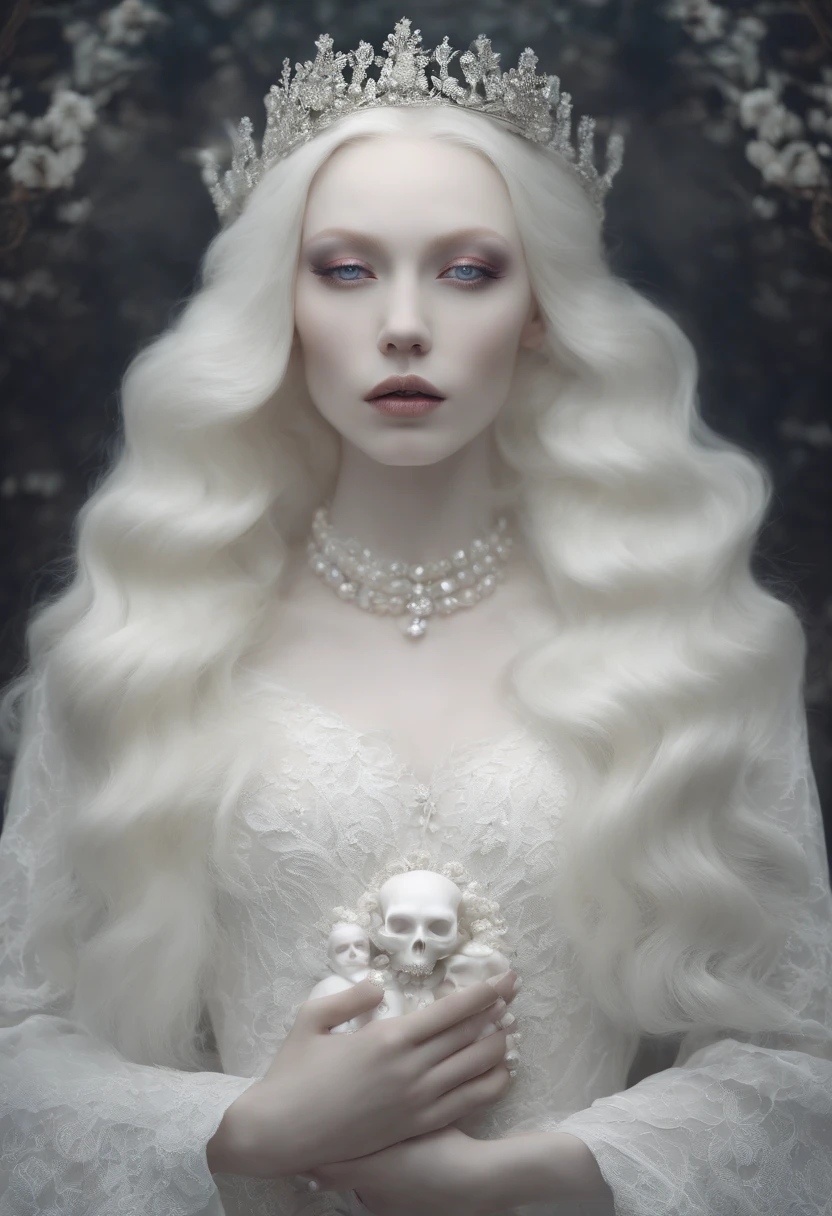 there are two women dressed in white with long hair, white skin and reflective eyes, natalie shau, portrait of albino mystic, with long white hair, albino white pale skin, with white long hair, inspired by Ignacy Witkiewicz, natalie shau tom bagshaw, inspired by Ray Caesar, white witch, monia merlo, pale goth beauty, pale white face