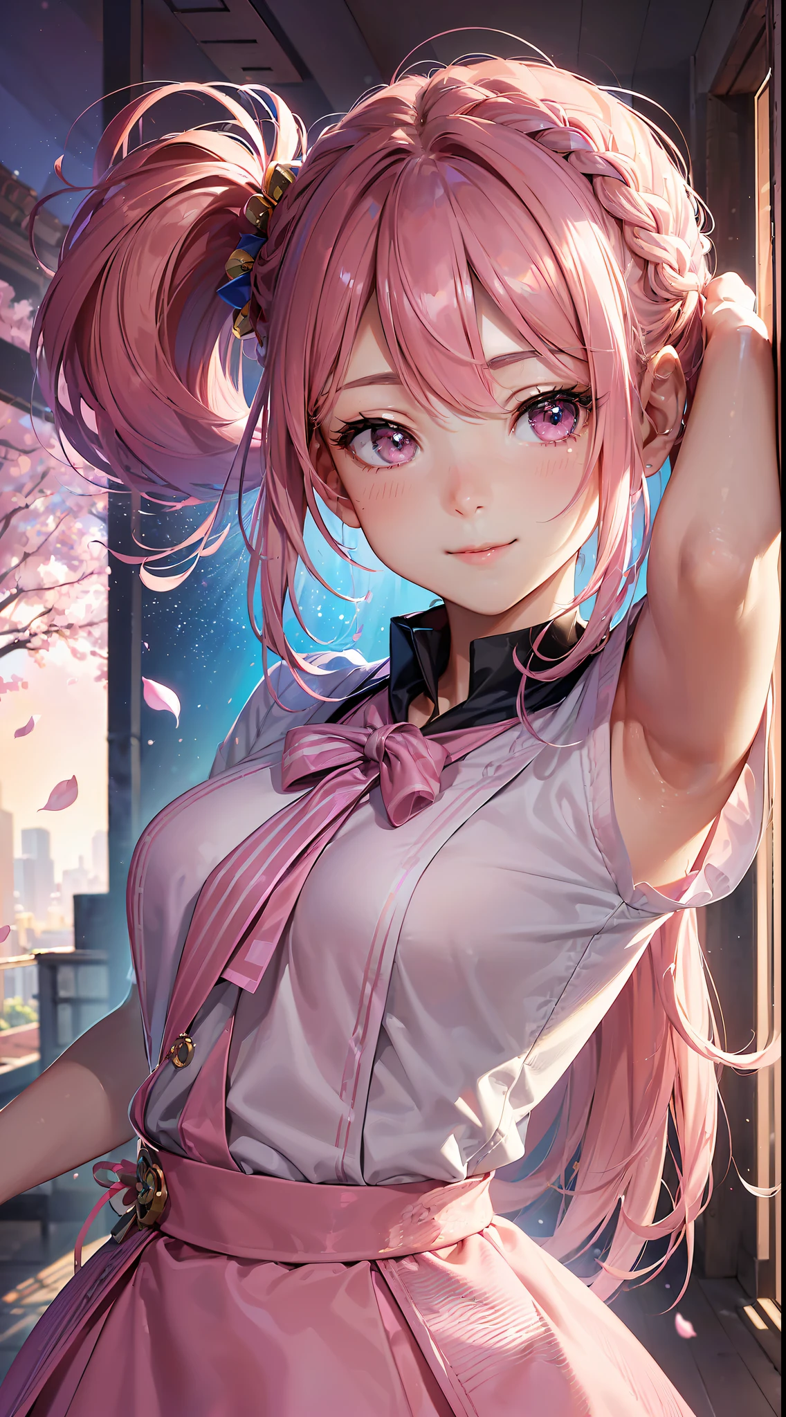 High resolution, ultra detail, (((((2D))), Japan person, 1 girl,  high school girl, (pink with gradient hair)), intricate and beautiful braided hairstyle, pink school uniform, designer uniform, bob hair, dull bangs, finely detailed eyes, golden ratio face, 8 life, sunlight, complex iridescent light grains, complex light reflection, background blue sky, transparency, hidden beauty, smile, Deep depiction, whole body, full of energy, looking at the viewer, fantastic depiction, complex attraction, tenderness overflowing from within, neon, beautiful fine petals or dancing, little skin exposure,