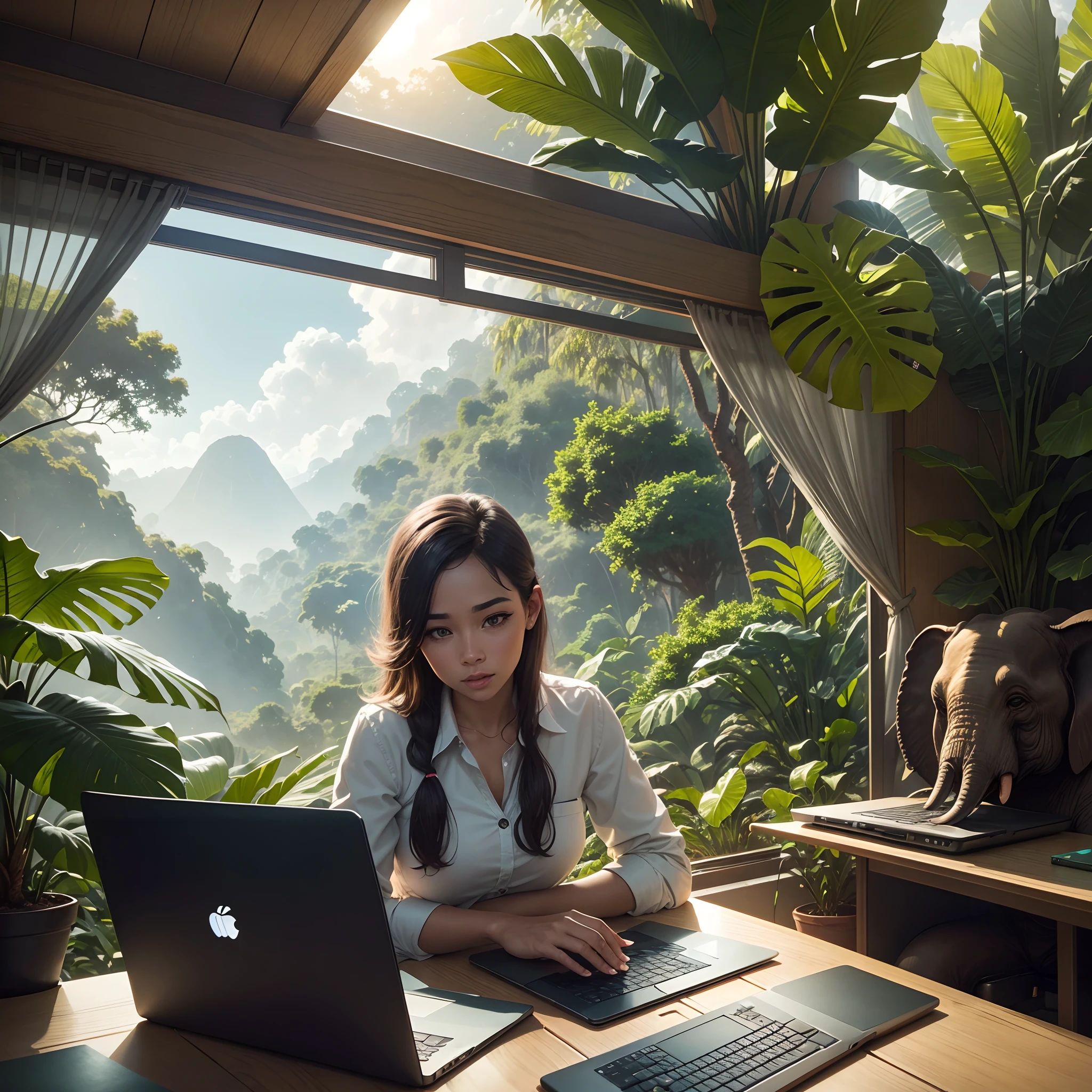 Office project team in a office attair working on a laptop in jungle, elephants are behind, 8k, micro detail, illustration, instinct elegance