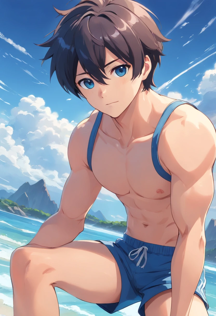 32 anos, adulto, macho, Tampo tanque azul, black gym shorts, cabelos castanhos claros, short hair, olhos castanhos, sem mangas, musculoso, big arms,