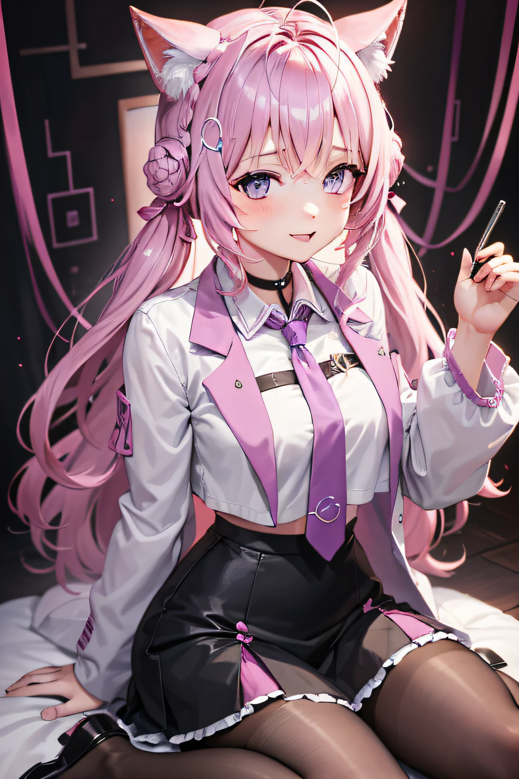 A masterpie,best qulaity,Hi-Res,sitting on,DEF1,lora:Koyori-000015:1,pink tie,tights,hairornaments,Lilac eyes,twintails,Sorrisos