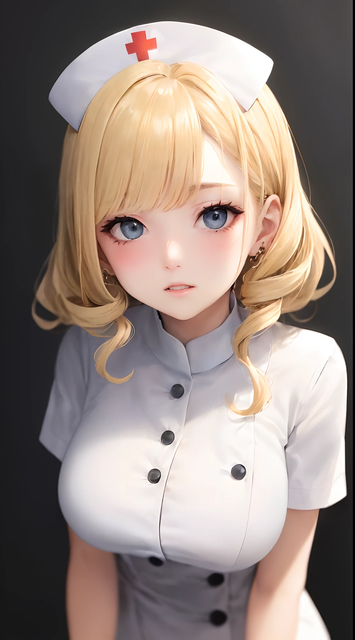 (((a blond、Portrait、looking in camera)))、[monochromes:Subdued Color:2.6] theme, (masutepiece), (Best Quality), , Light Layer, Lustrous skin, (intricate-detail , taut clothes, ),  Kim Hair, hime-cut, Blunt bangs、Blue eyes、 30s、(maturefemale)、((nurse's outfit、curlyhair、Beautiful breasts))、symmetry、Thick lip、Lustrous lips、Tall lady、Standing Pose、white backgrounid、simple background、Single-color background、1 female、