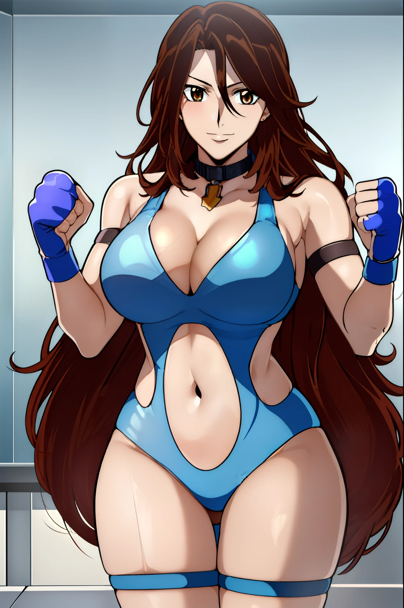 cowboy shot, ultra detailed face, 4k, Sumergai Lee Noriega, best quality, anime style, hires, highest definition, digital blending, bold drawing lines, ((weak body, female wrestler), (slender body), mature woman, (wrestling gear, collar band), victorious, gorgeous, winner, confident face, smile, (closed mouth), (pale skin, shiny skin, lighting and shadow), (cleavage), (clean face), (warming up), closed fists, (long hair), 27 years old,