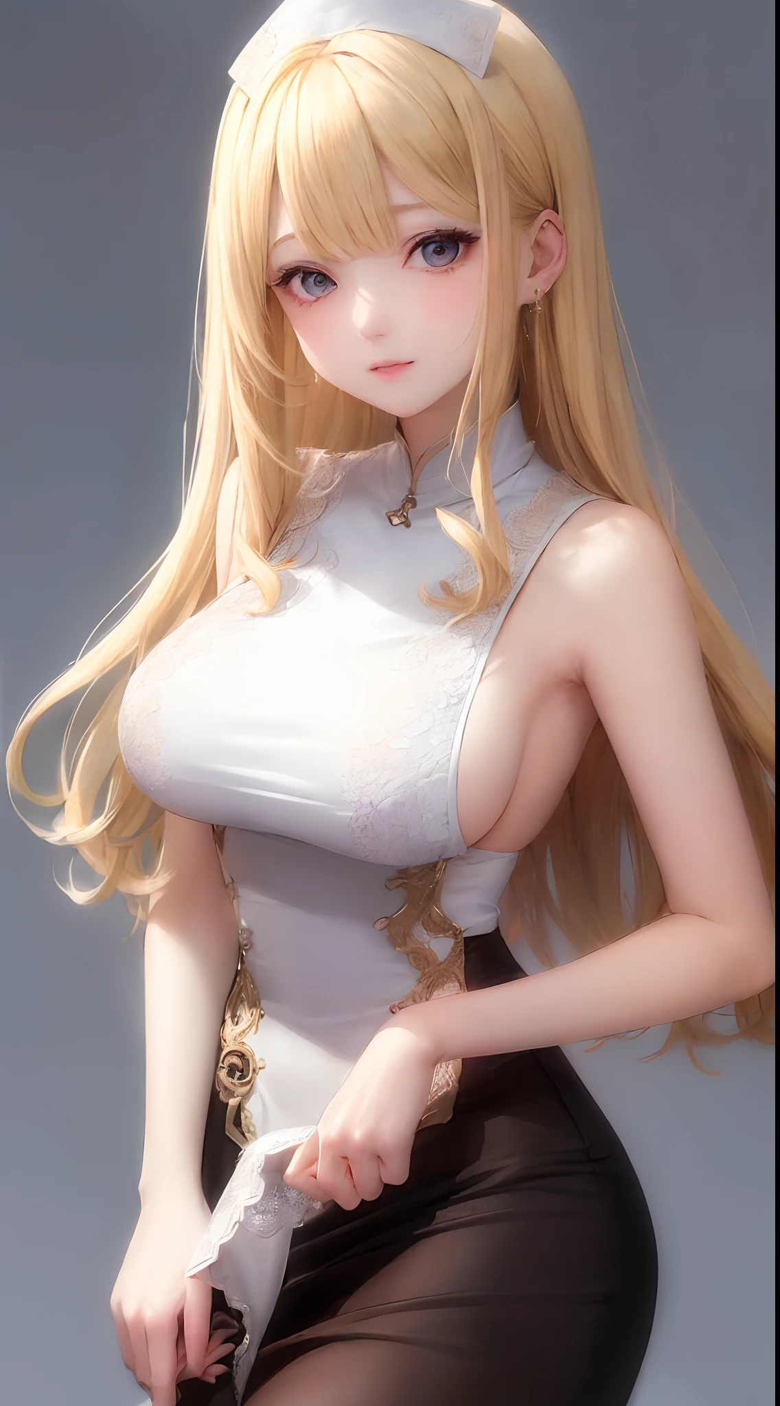 (((a blond、Portrait、looking in camera)))、[monochromes:Subdued Color:2.6] theme, (masutepiece), (Best Quality), , Light Layer, Lustrous skin, (intricate-detail , taut clothes, ),  Kim Hair, hime-cut, Blunt bangs、Blue eyes、 30s、(maturefemale)、((nurse's outfit、curlyhair、Beautiful breasts))、symmetry、Thick lip、Lustrous lips、Tall lady、Standing Pose、white backgrounid、simple background、Single-color background、1 female、
