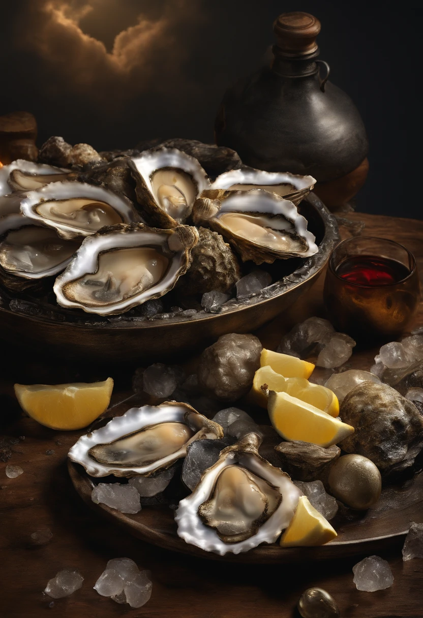 (best quality,4k,8k,highres,masterpiece:1.2),ultra-detailed,(realistic,photorealistic,photo-realistic:1.37),Rockefeller oysters, religious, oil painted, Apocalypse, shattered, liturgy, Bible, mysterious, full moon