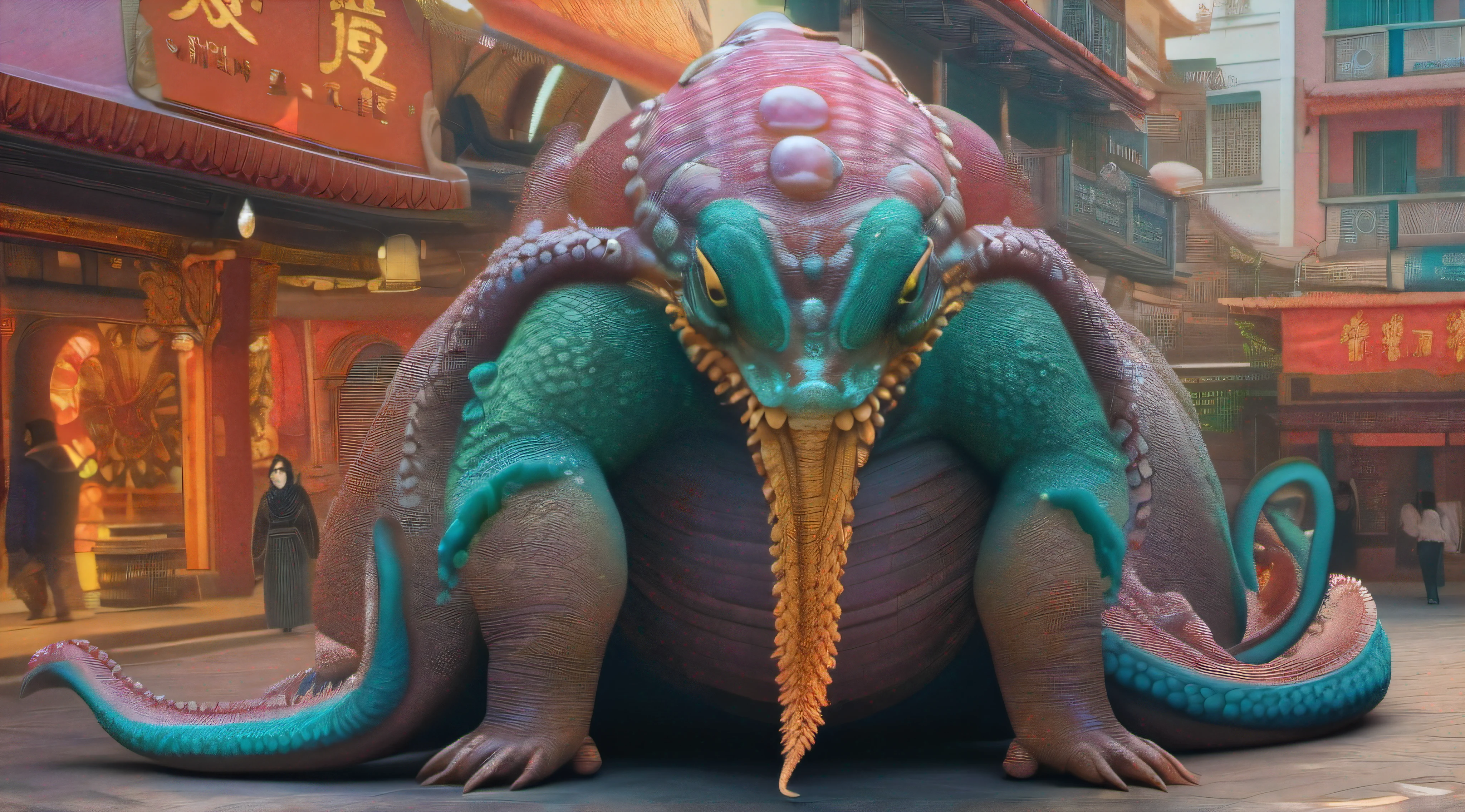 One of the fattest people in the world，It has countless huge fat tails，Countless octopus tentacles stick out of the stomach，Avatar like a dragon，Has huge genitals，In the city