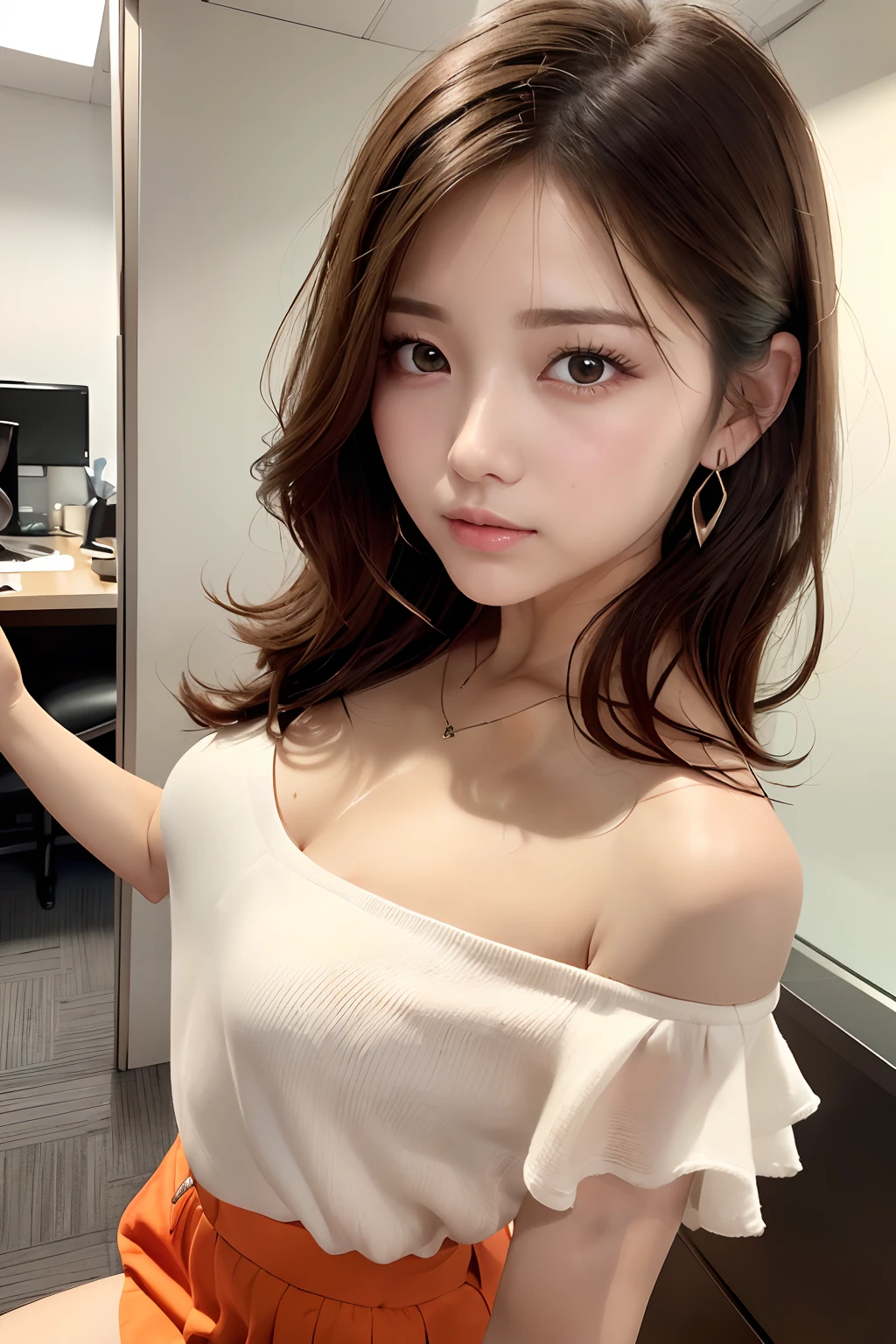 (masutepiece:1.3), High resolution, ultra-detailliert, the Extremely Detailed CG Unity 8K Wallpapers, Realistic, Photorealsitic, Raw photo, beautifull detailed face, pale skin, realistic glistening skin, Detailed Cloth Texture, detailed hair texture, Perfect body, Beautiful face, acurate, Anatomically correct, Highly detailed face and skin texture, Natural neck length, (Beautiful hands), (Fair skin:1.2), thin legs, Thin feet,
BREAK,
Detailed eyes, symmetrical eye, Light brown eyes, Double eyelids, Thin eyebrows, (Glossy lips:1.4), ((Waiting for a kiss:1.2)), (blush:1.1),
BREAK,
(Classy and cute girl:1.3), (Wearing a classy off-shoulder white blouse), (Orange flared skirt:1.2),
medium breasts, (Slender figure:1.1), Firm abs, Beautiful collarbone,
(Dark blonde hair, Wavy Hair, Long hair:1.3), ((asymmetrical bangs:1.2)), (upperbody shot:1.2), Looking at Viewer, (From above:0.65),
BREAK,
((Stand close to me and reach out in front:1.3)), (She said I would wait in front of the station at 10 o'clock),
(In a private working space), ((In a modern office in Japan)),