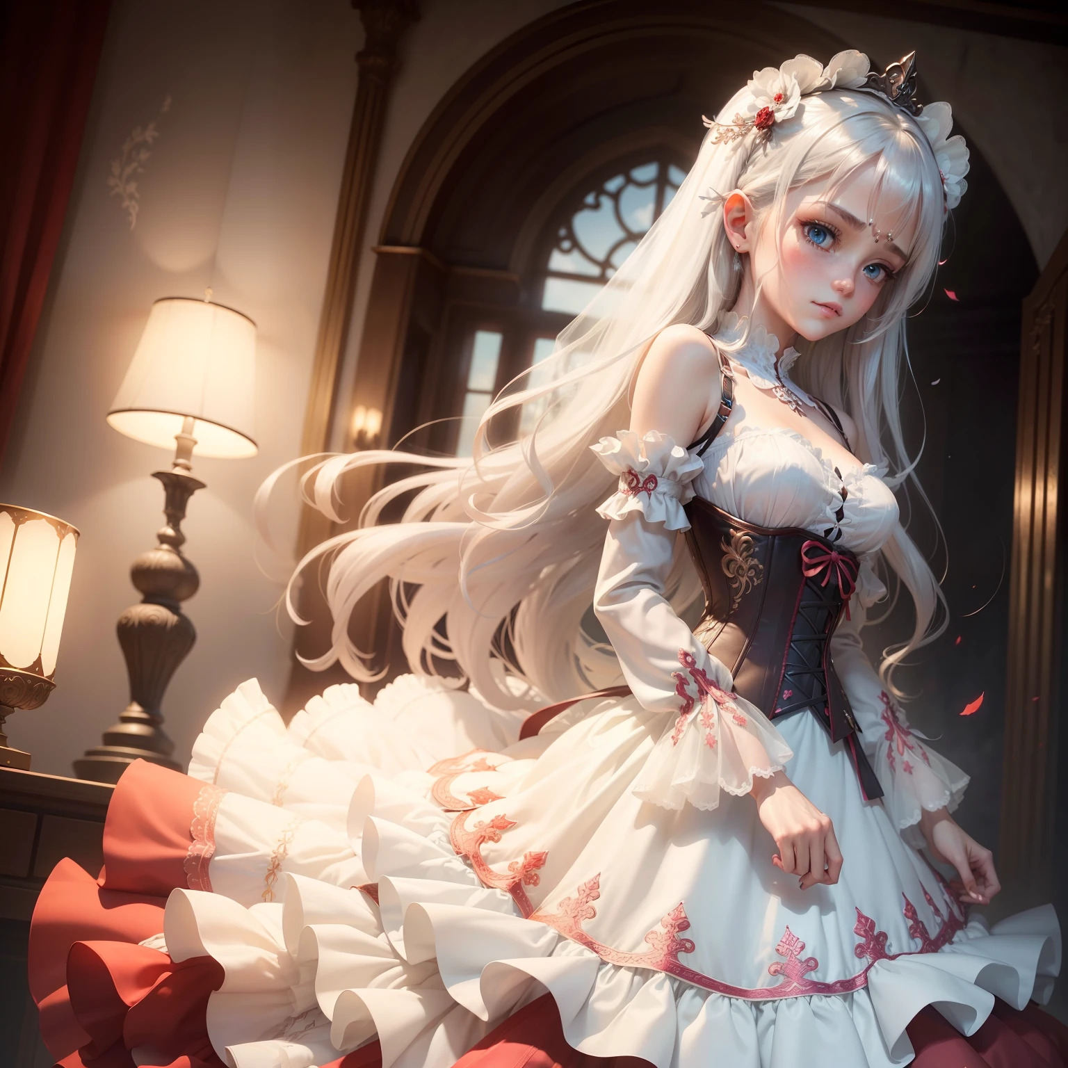 ((the Extremely Detailed CG Unity 8K Wallpapers)), masutepiece, Ultra-detailed, floating, High resolution, Sexually suggestive, (Petite, ridiculously long gray hair, Princess, White Devil Taoism, Blue eyes, (Gorgeous long layered long dress in white and red see-through、Long sleeves and intricate embroidery), Bridal Veil, circlet, bridal gauntlets, Blushing, Shy, Ruffle Petticoat, Glamorous corset,