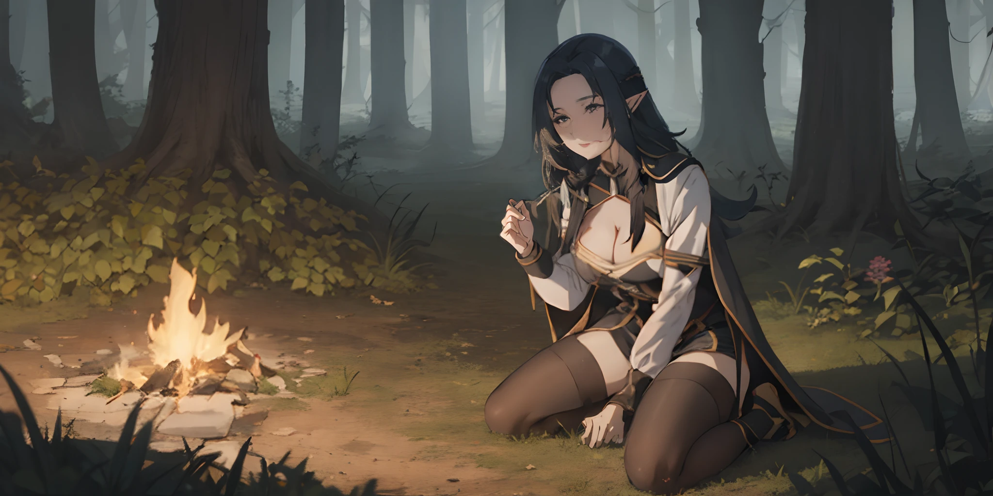 long hair, pointy ears, thighhighs, breasts, tree, sitting, nature, cleavage, forest, outdoors, black_legwear, long_sleeves, day, medium_breasts, looking_at_viewer, 1girl, on_ground, skirt, lips, large_breasts,  cape, grass, mole, parted_lips, high_heels, holding, solo, solo focus,