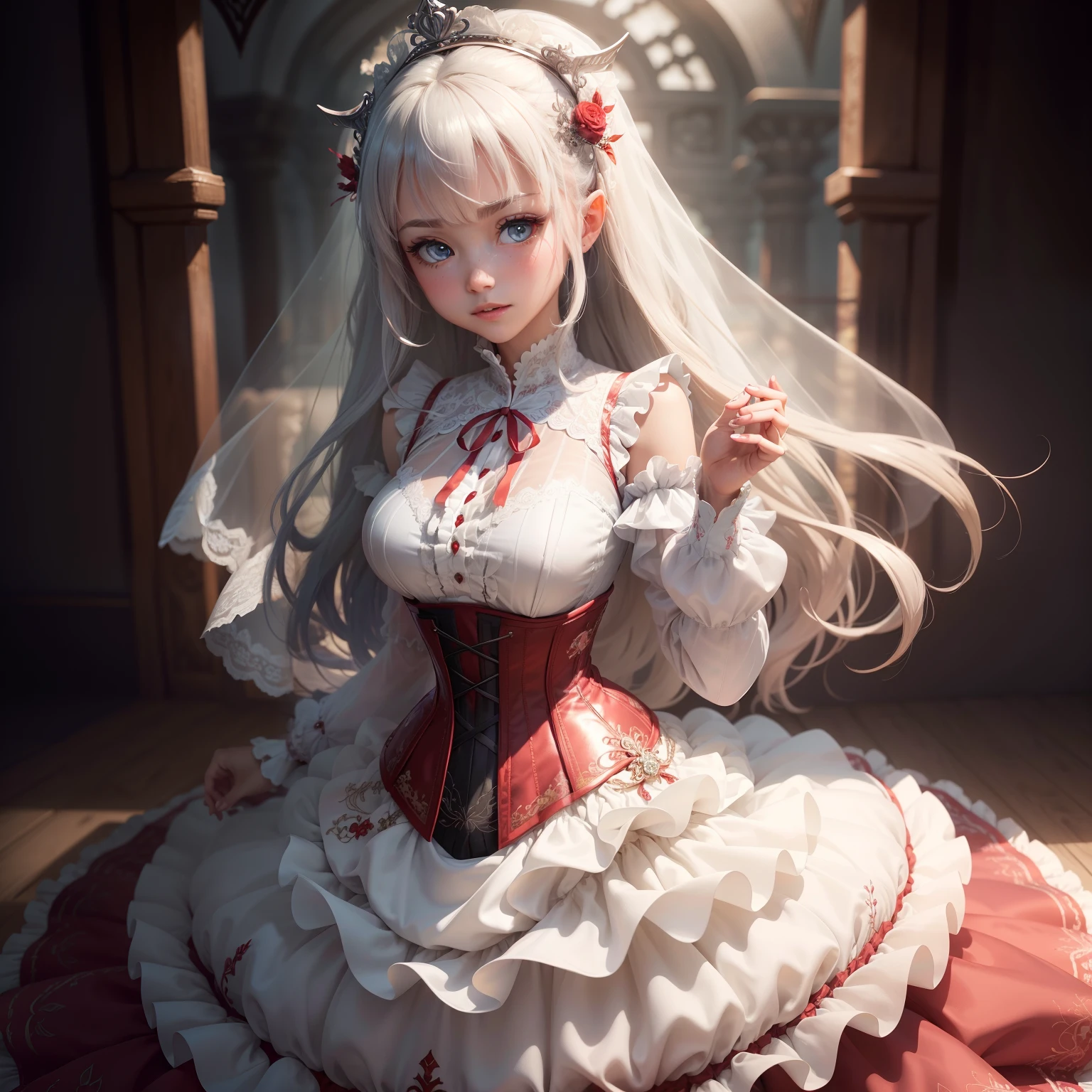 Need,tmasterpiece,whaite hair,Blue-red heterochromic eyes,Manteau blanc,Look up,The upper part of the body,Hairline,Fair skin,one side braids,red fox,the maid outfit,dual horsetail,Pink and white color scheme