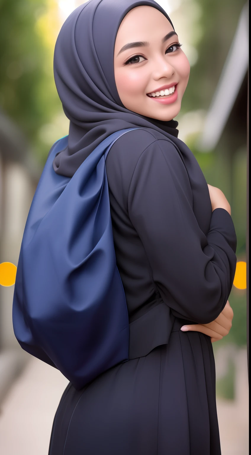Malay girl in hijab wear plain satin black baju kurung malaysia in college, wear back pack, back view, detail skin, detail skin texture, mole below eyes, small breast, big hip, big waist, big thigh, slim abs, beautiful body, nighttime, laughing, happy, bright lighting, college student in background, crowded college, blur background, bokeh,