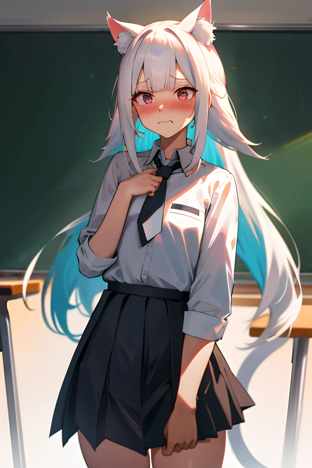 (((masterpiece))), (((best quality))), ((ultra-detailed)), (illustration), (detailed light), ((an extremely delicate and beautiful)), (beautiful detailed eyes), (gloomy atmosphere), (moonlight), 1girl, (damaged classroom), (wind), blood on face, hoshino \(blue archive\), halo, ahoge, fingerless_gloves, plaid_skirt, white_shirt, black_gloves, long_sleeves, white_socks, collared_shirt, black_skirt, blue_necktie, heterochromia, id_card