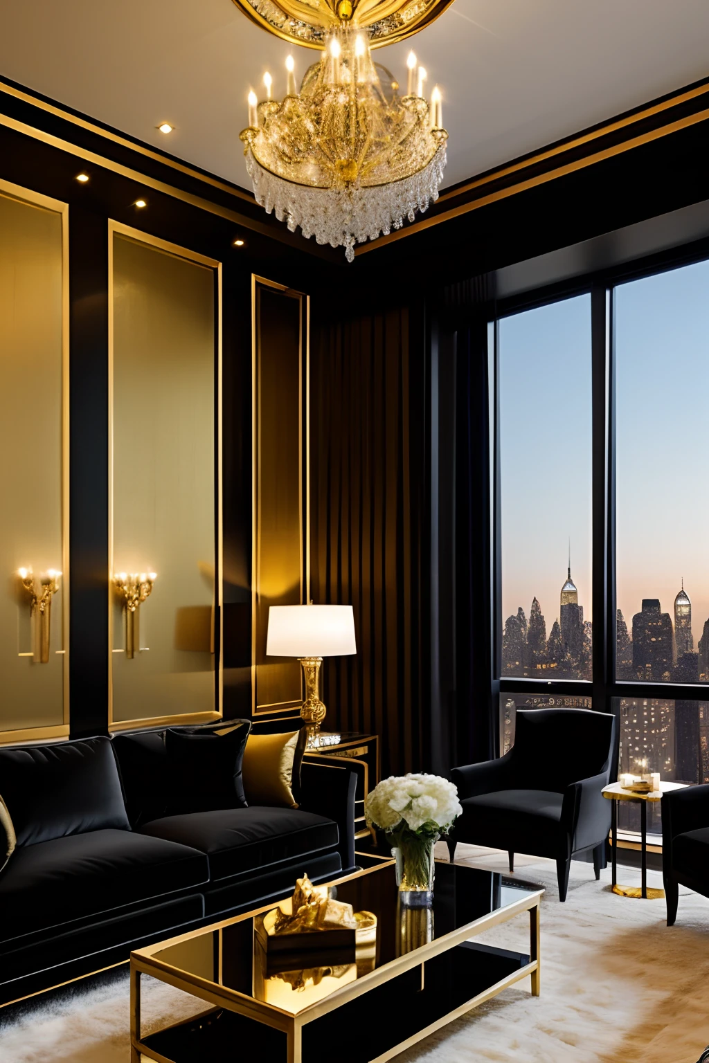 penthouse in nyc black and gold inside living room luxury