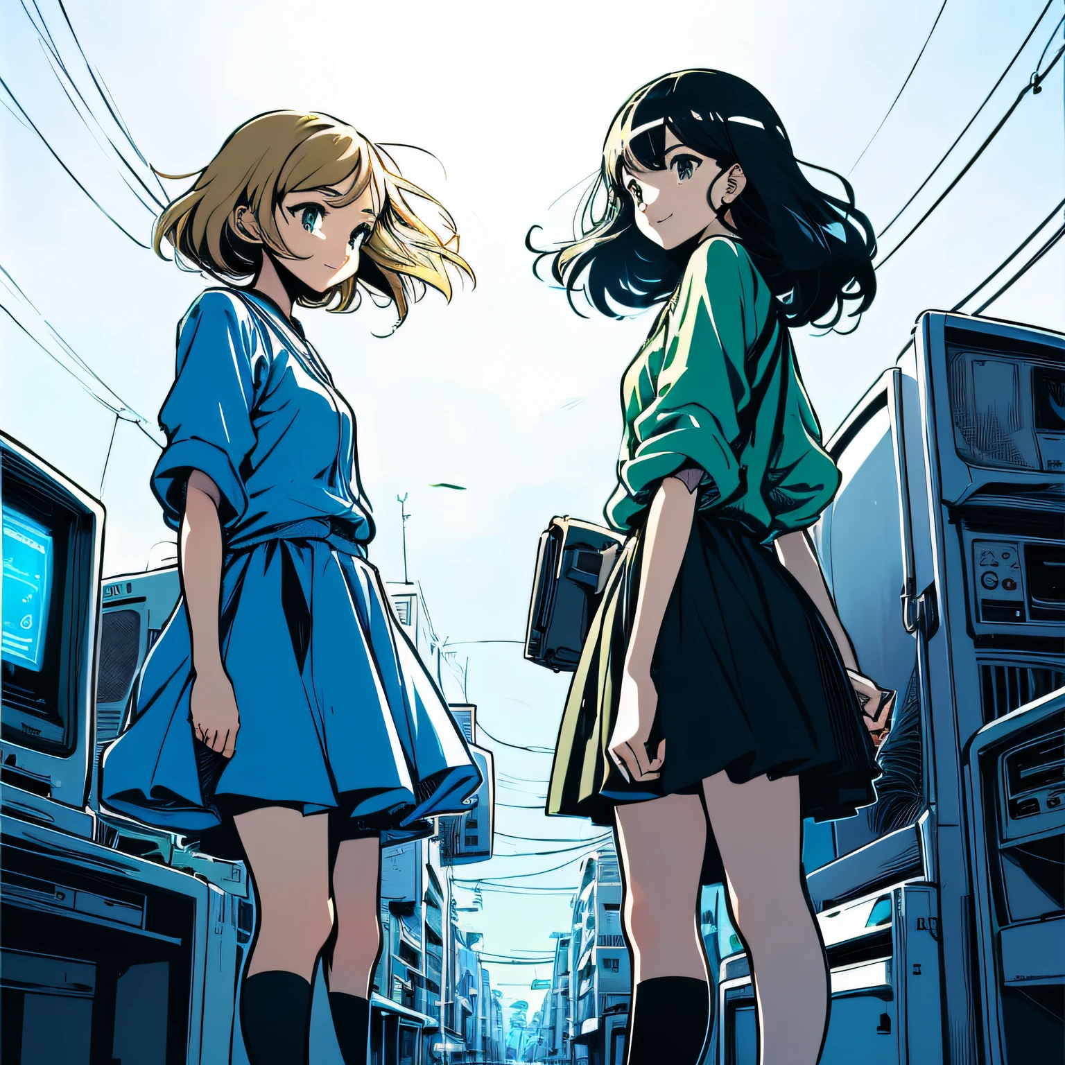 (Retro Computers)　((CRT monitor))　(floppy disks)in hand(A smile)Girl and girl standing next to each other　summer clothing　magazine　natta　Matte texture　Dramatic Lighting 　pixiv style　wide angles　　high-angle shot　cel anime