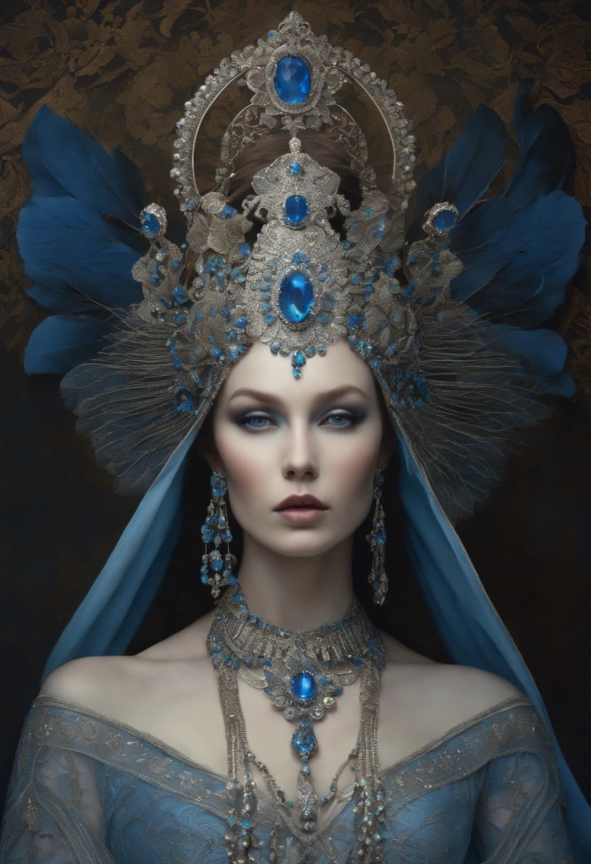 a close up of a woman wearing a silver and blue headdress, a stunning portrait of a goddess, natalie shau tom bagshaw, portrait of a norse moon goddess, jeweled headdress, inspired by Harry Clarke, ((a beautiful fantasy empress)), ornate headpiece, elaborate ornate head piece, high priestess, intricate chrome headdress, goddess portrait