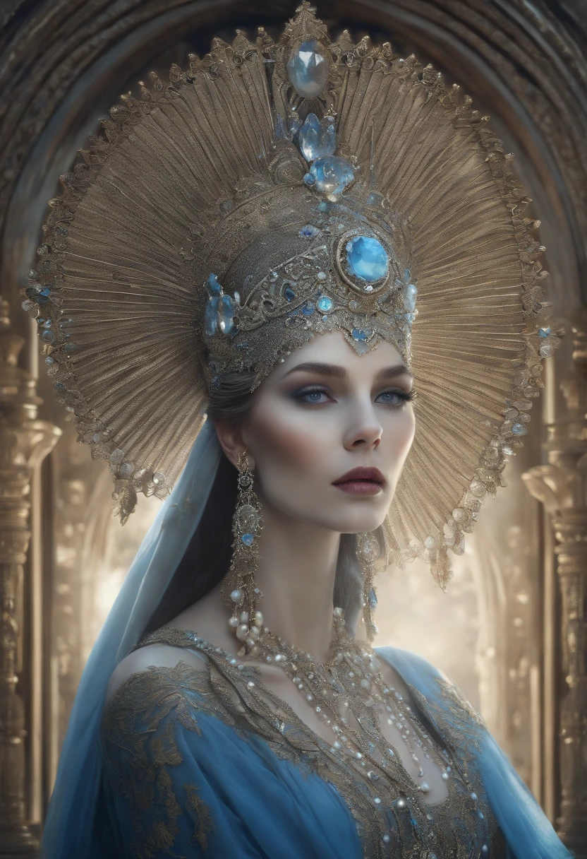 a close up of a woman wearing a silver and blue headdress, a stunning portrait of a goddess, natalie shau tom bagshaw, portrait of a norse moon goddess, jeweled headdress, inspired by Harry Clarke, ((a beautiful fantasy empress)), ornate headpiece, elaborate ornate head piece, high priestess, intricate chrome headdress, goddess portrait