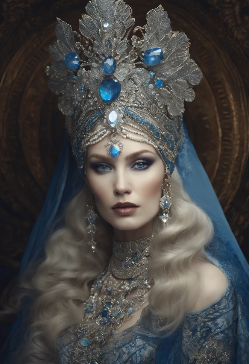 a close up of a woman wearing a silver and blue headdress, a stunning portrait of a goddess, natalie shau tom bagshaw, portrait of a norse moon goddess, jeweled headdress, inspired by Harry Clarke, ((a beautiful fantasy empress)), ornate headpiece, elaborate ornate head piece, high priestess, intricate chrome headdress, goddess portrait