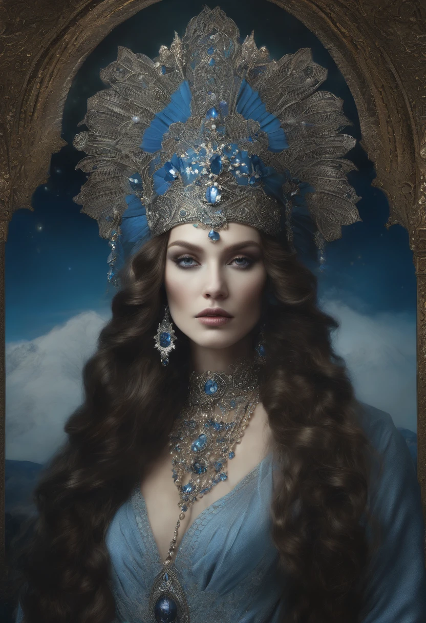 a close up of a woman wearing a silver and blue headdress, a stunning portrait of a goddess, natalie shau tom bagshaw, portrait of a norse moon goddess, jeweled headdress, inspired by Harry Clarke, ((a beautiful fantasy empress)), ornate headpiece, elaborate ornate head piece, high priestess, intricate chrome headdress, goddess portrait