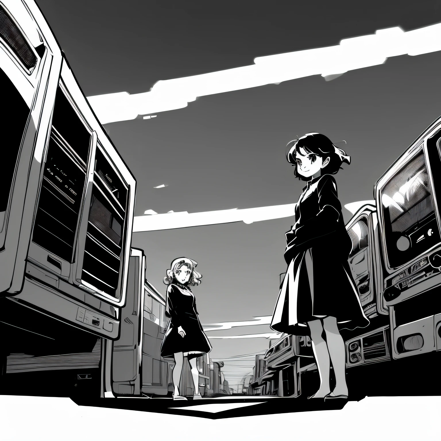 (Retro Computers) ((CRT monitor)) (floppy disks)in hand(A smile)Girl and girl standing next to each other summer clothing magazine natta Matte texture Dramatic Lighting pixiv style wide angles high-angle shot black-and-white cel anime