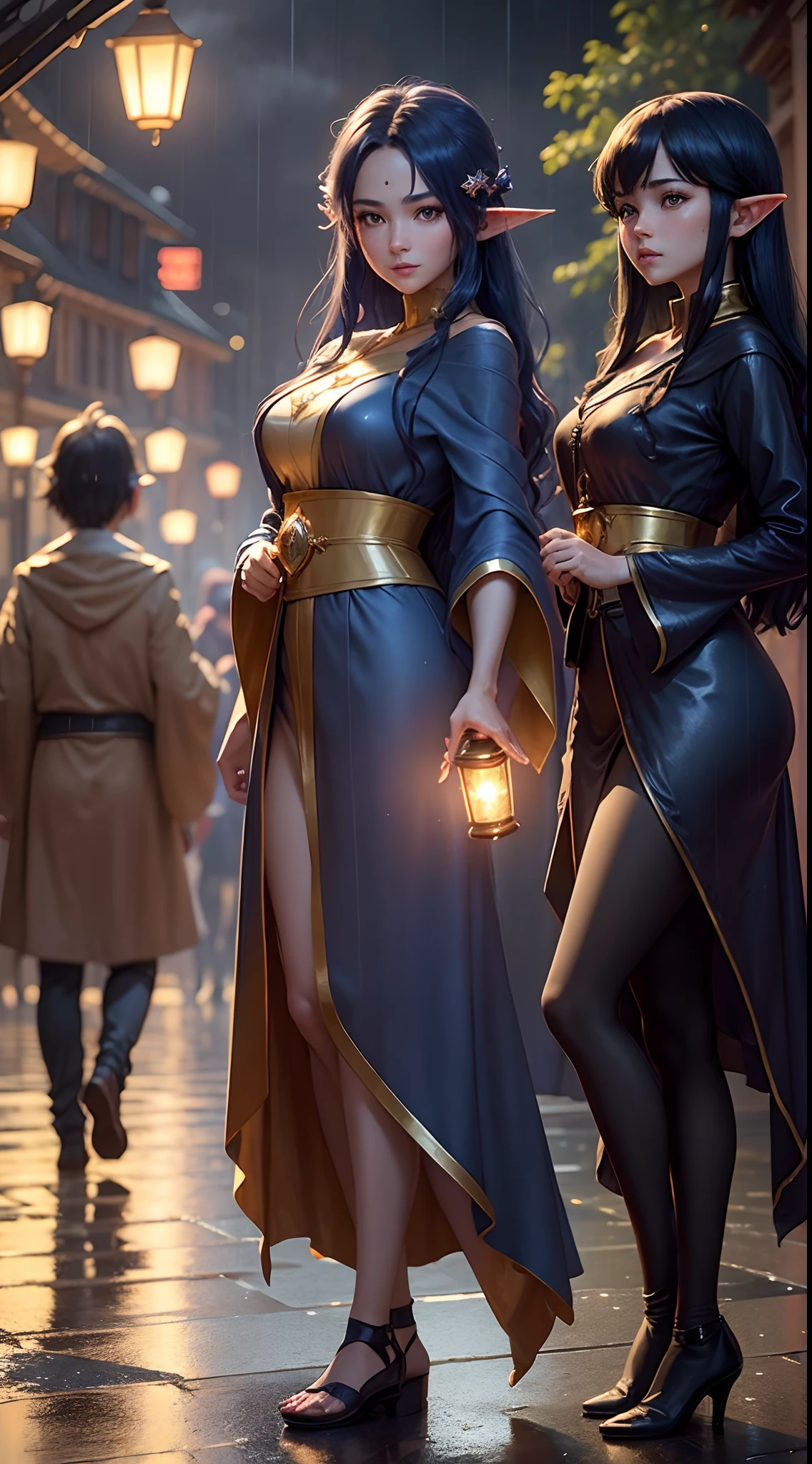 Group of 3 people dancing in the rain, nice face, anime style, holding a star-shaped lantern in his hand, colorful lights on the street, 4k quality, 1girl, elf, pointy ears, long hair, dark blue hair, glowing golden eyes, star mage, dark blue and gold mage robe, starlight, star,