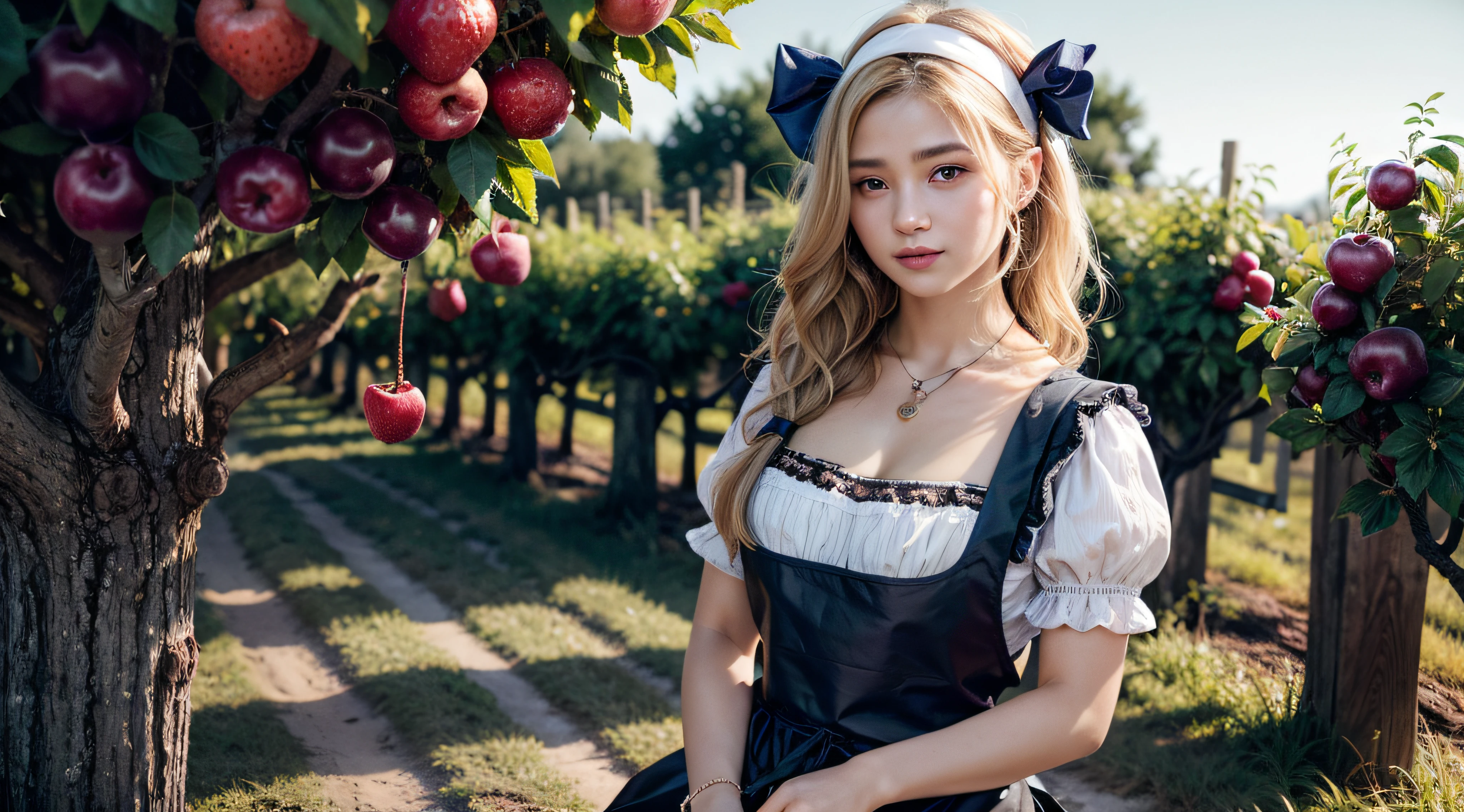 (realistic:1.3), finely detailed, quality, rembrandt lighting, (masterpiece:1.2), (photorealistic:1.2), (best quality), (detailed skin:1.3), (intricate details), dramatic, ray tracing, 1girl, 21 years old, detailed skin texture, (blush:0.5), (goosebumps:0.5), subsurface scattering, smiling, medium breasts, aamarry, long hair, blonde hair, red eyes, hairband, hair ribbon, dress, key necklace, apron, frilled apron, cowboy shot, (bright sunny day, outdoors, rows of fruit trees, fruit orchard),