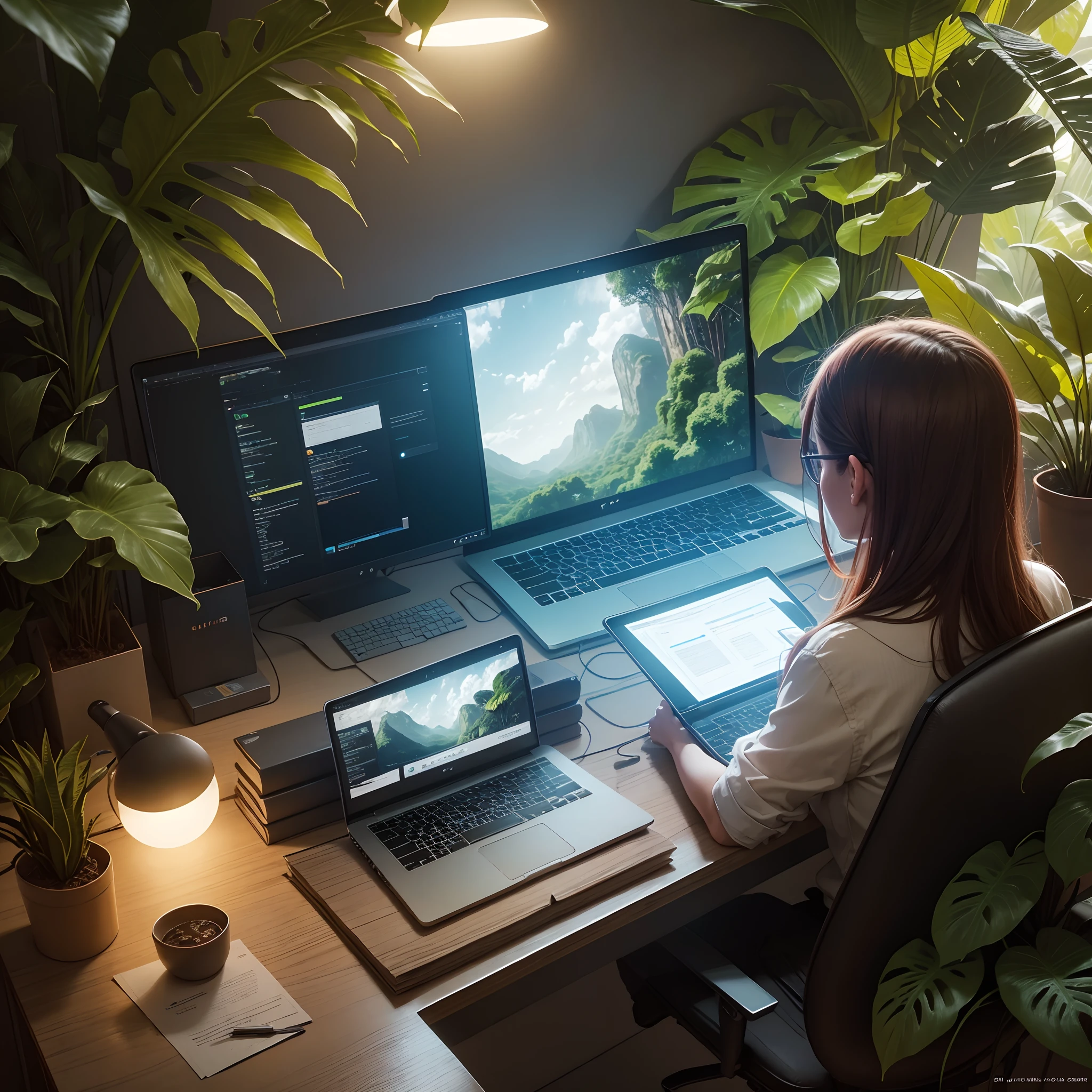 Office project team in a office attair working on a laptop in jungle, birds , 8k, micro detail, illustration, instinct elegance