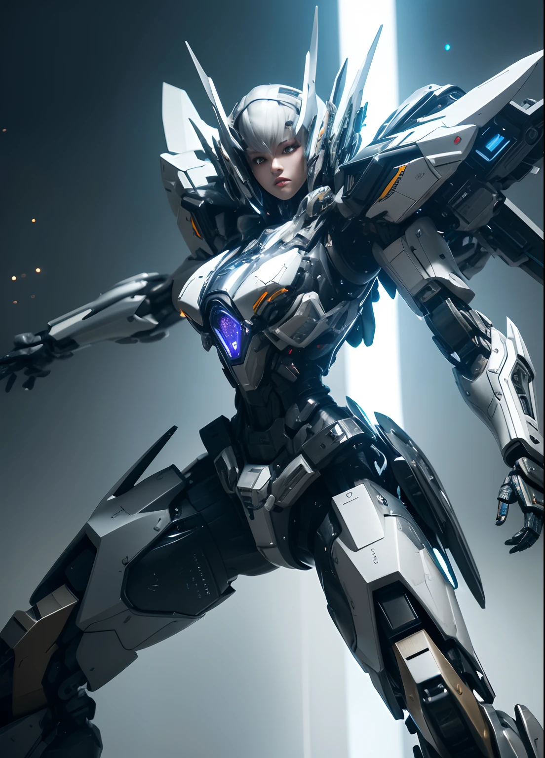 Textured skin, Super Detail, high details, High quality, Best Quality, hight resolution, 1080p, hard disk, a beauty、She wears a futuristic mechanical weapon mech,Battle Mode,Fulll body Shot,(Two-armed machine gun)