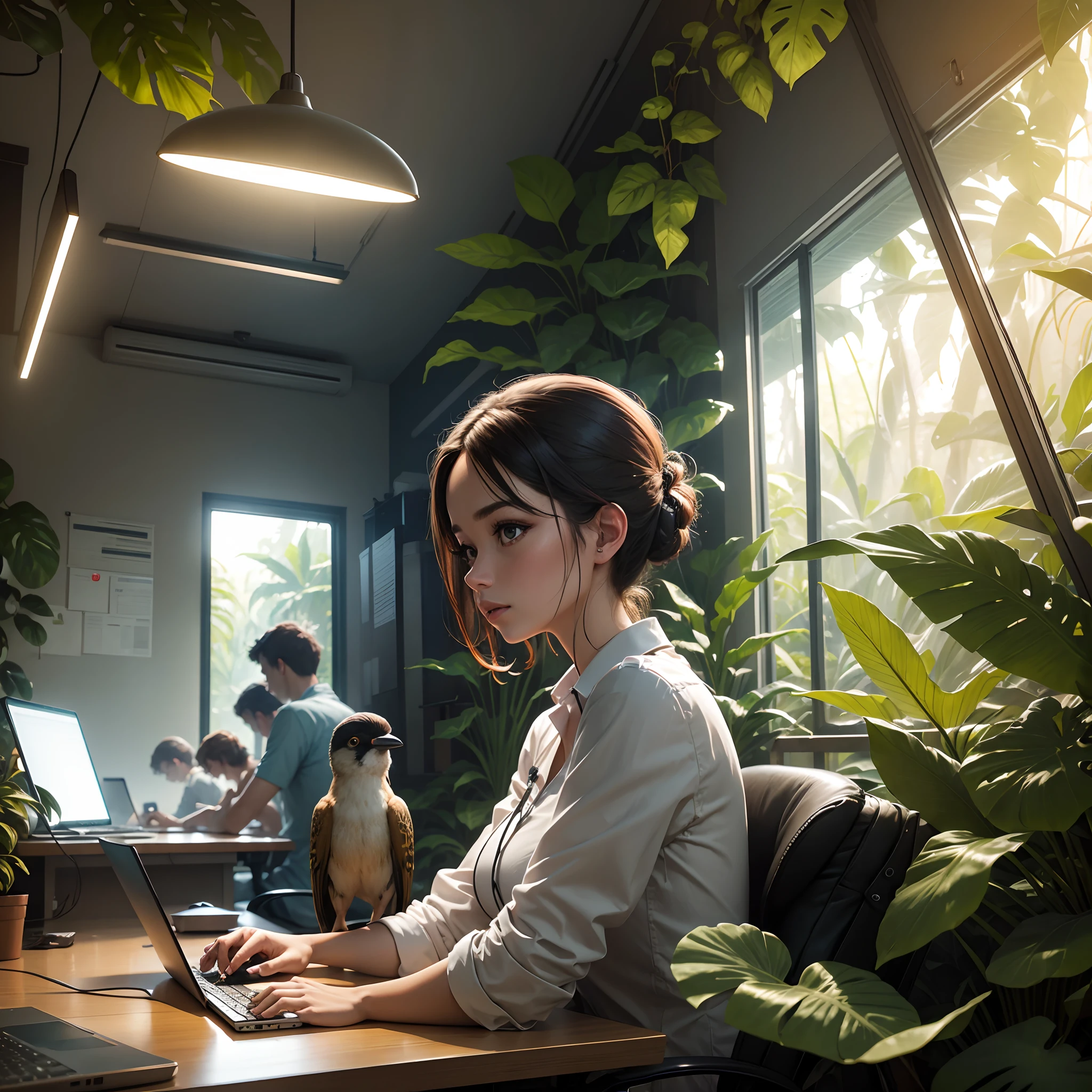 Office project team in a office attair working on a laptop in jungle, birds , 8k, micro detail, illustration, instinct elegance