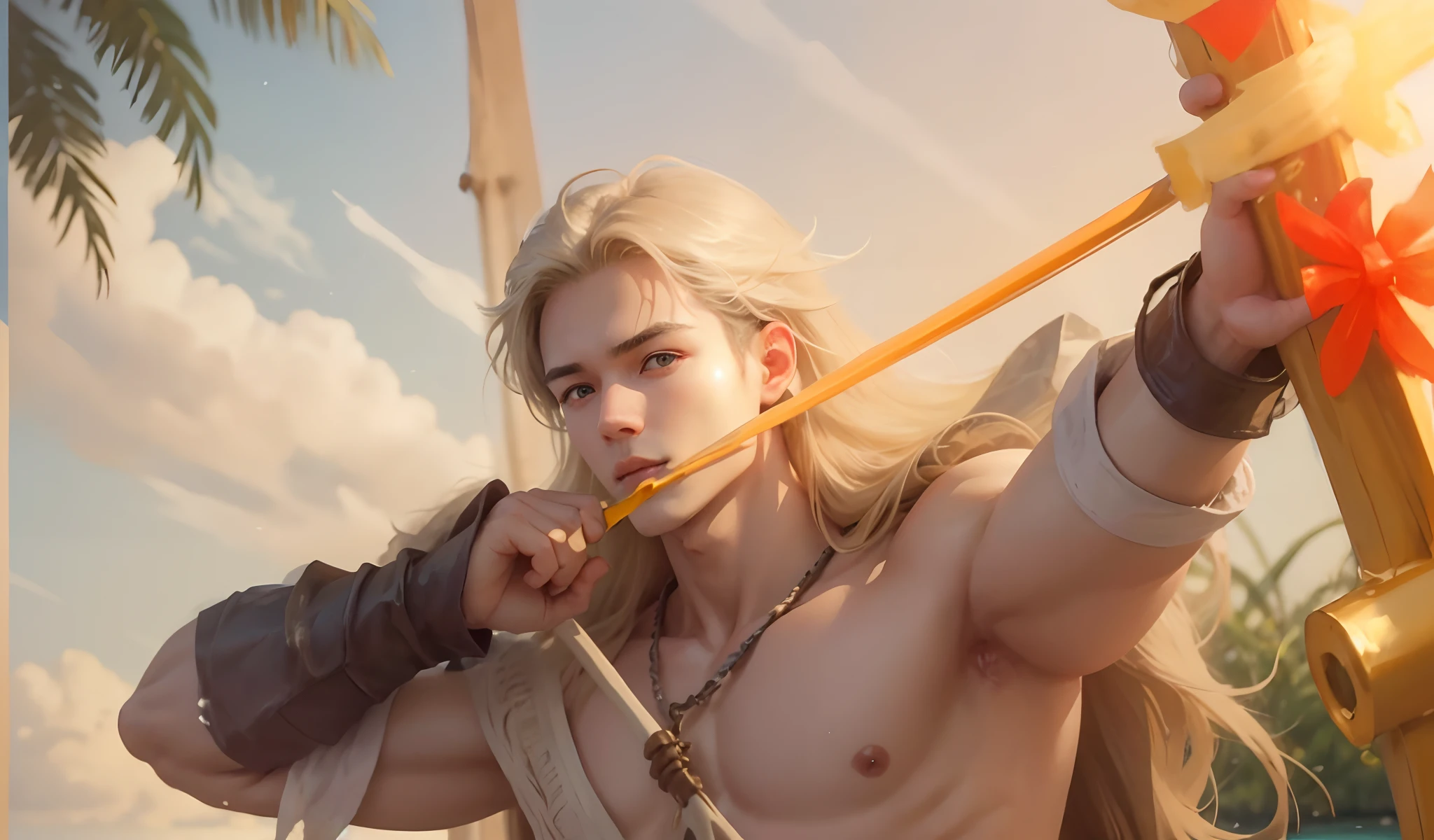 (max resolution: 1.2), (Ultra HDTV: 1.2), 8K resolution, Eye and skin details, face details, , (Sharp focus: 1.2), (Precise focus) sharp face: 1.2), Boy, Standing, Long hair, Blonde, Shirtless, Exposed pecs, Six pack abs, transparent white briefs, Summer, Ocean water, Blue sky, Sunny, White clouds , Sunlight, Table made of water, Trees, Coconut tree, (Holding bow in hand), (Bow made from sea water)