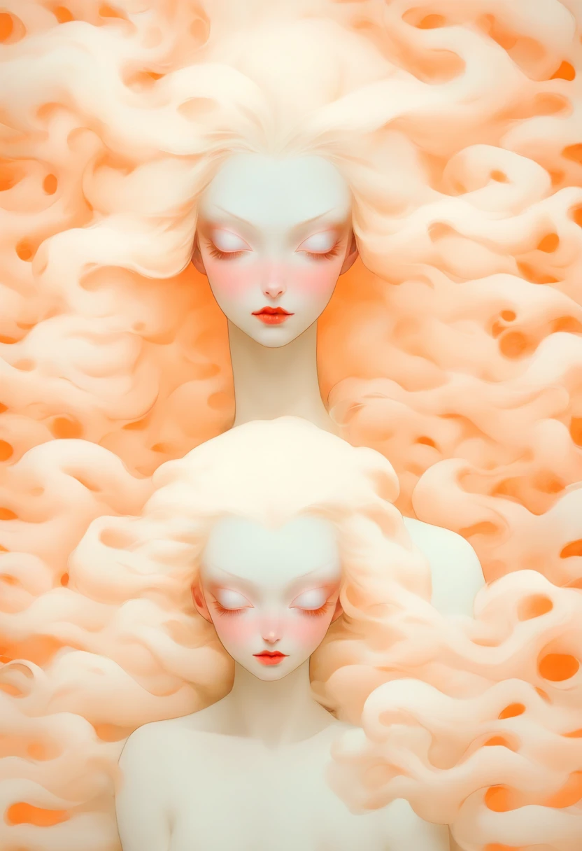 there are two women dressed in white with long hair, white skin and reflective eyes, natalie shau, portrait of albino mystic, with long white hair, albino white pale skin, with white long hair, inspired by Ignacy Witkiewicz, natalie shau tom bagshaw, inspired by Ray Caesar, white witch, monia merlo, pale goth beauty, pale white face