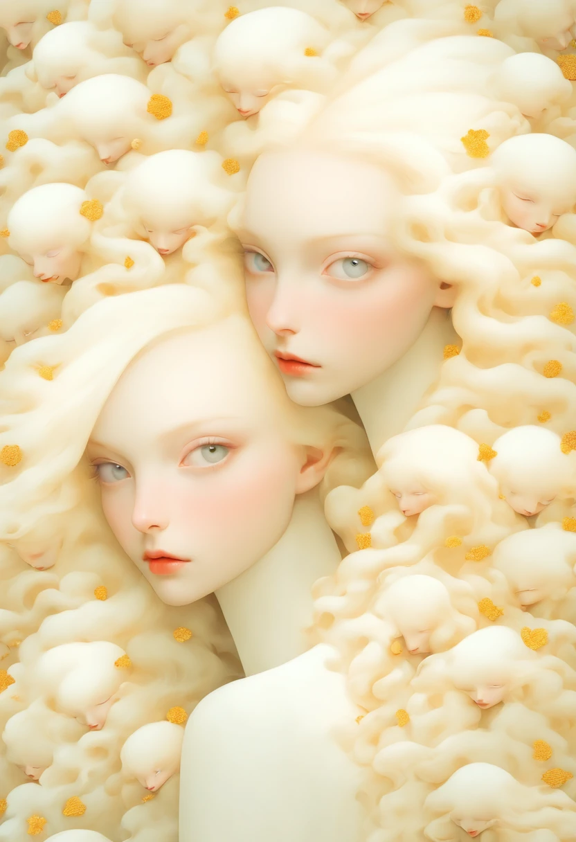 there are two women dressed in white with long hair, white skin and reflective eyes, natalie shau, portrait of albino mystic, with long white hair, albino white pale skin, with white long hair, inspired by Ignacy Witkiewicz, natalie shau tom bagshaw, inspired by Ray Caesar, white witch, monia merlo, pale goth beauty, pale white face