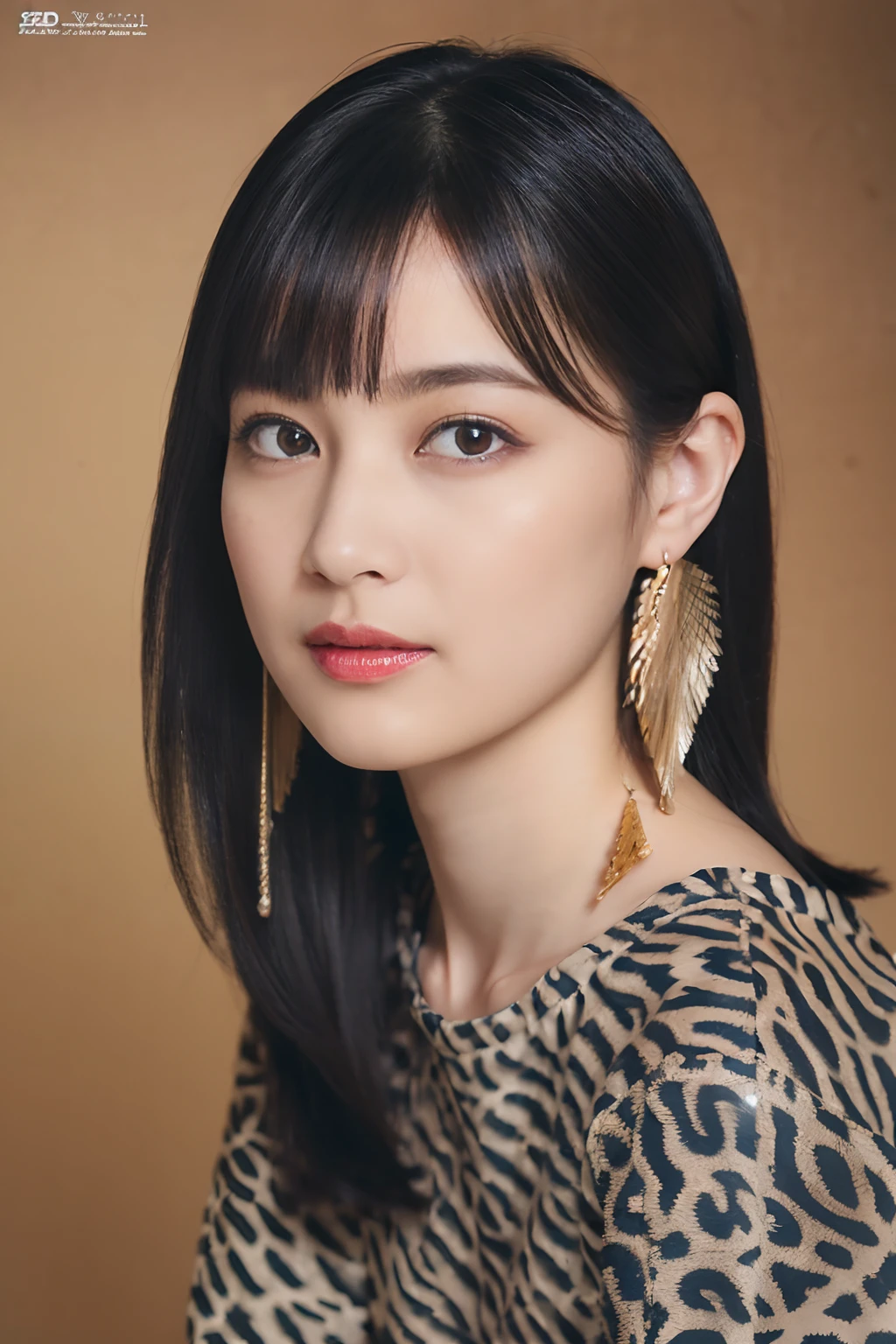 (Black Shorthair:1.2), (a 20 yo woman), (A hyper-realistic), (Masterpiece), (8KUHD), Looking at the camera, jeans, (Clothing with animal print), large full breasts, (Hair Accessories - Hair Ornaments)